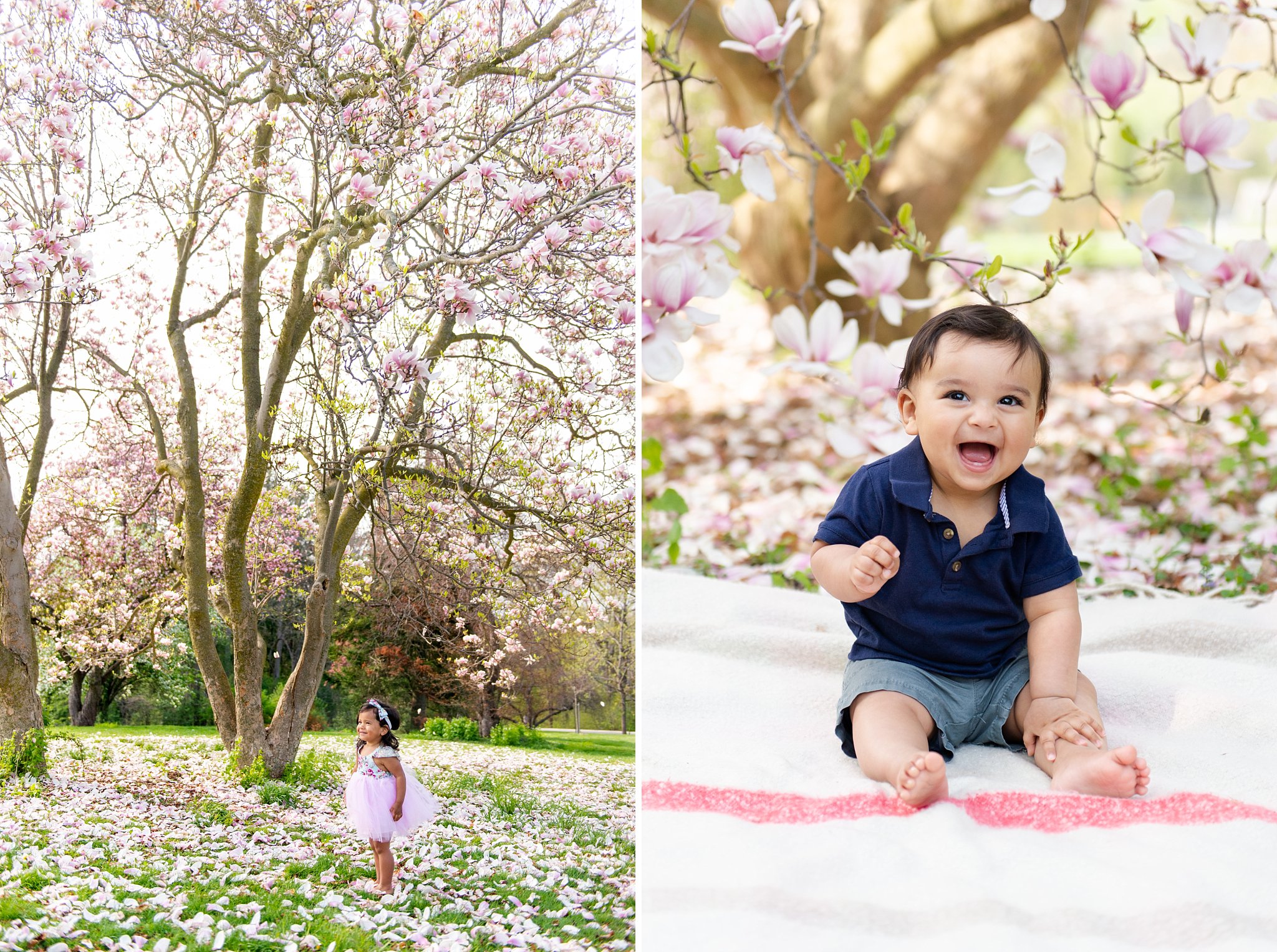 two children laugh under magnolia trees in springbank park by london ontario family photographer life is beautiful photography