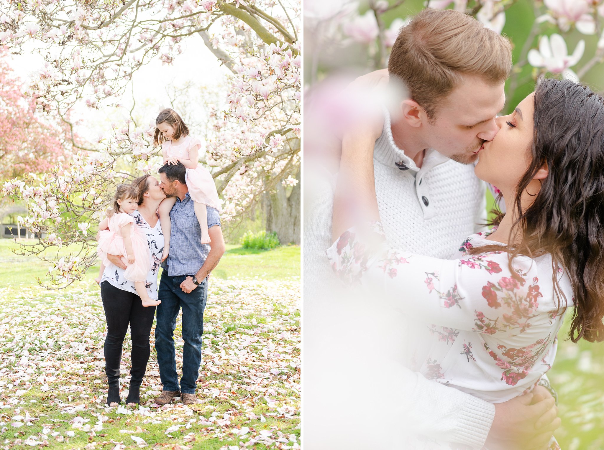 parents kiss while holding their daughters under a magnolia tree in springbank park; a couple kisses surrounded by magnolia flowers