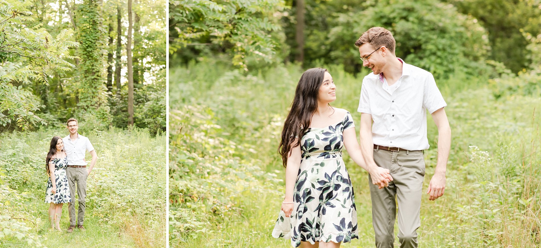 a couple holds hands and walks through a meadow together at rock glen conservation area during their engagement session by london ontario wedding photographer life is beautiful photography