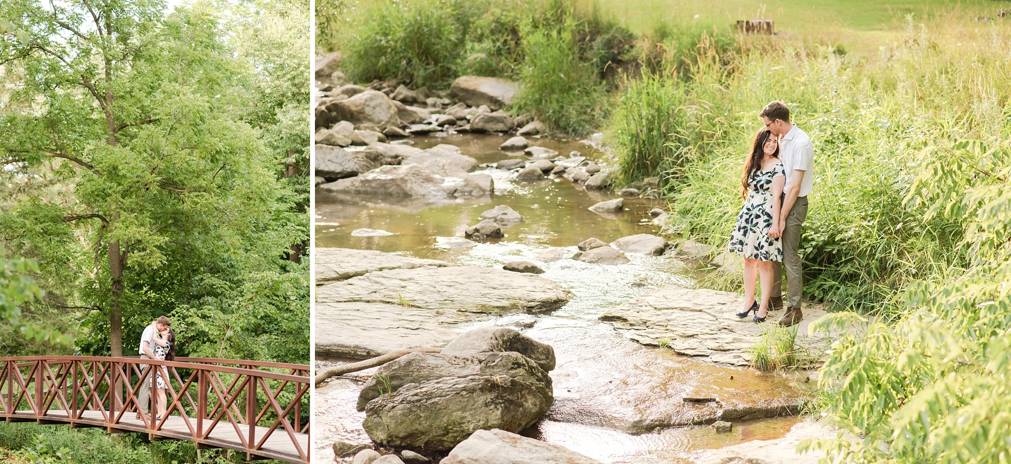 a couple stands on a rock on the edge of a creek a couple kisses in a meadow at rock glen conservation area during their engagement session by london ontario wedding photographer life is beautiful photography