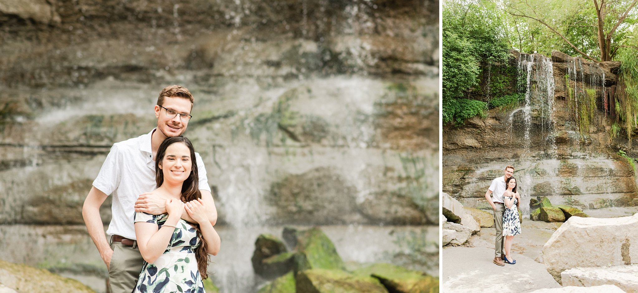 a couple stands in front of the waterfall at rock glen conservation area during their engagement session a couple kisses at rock glen conservation area during their engagement session by london ontario wedding photographer life is beautiful photography