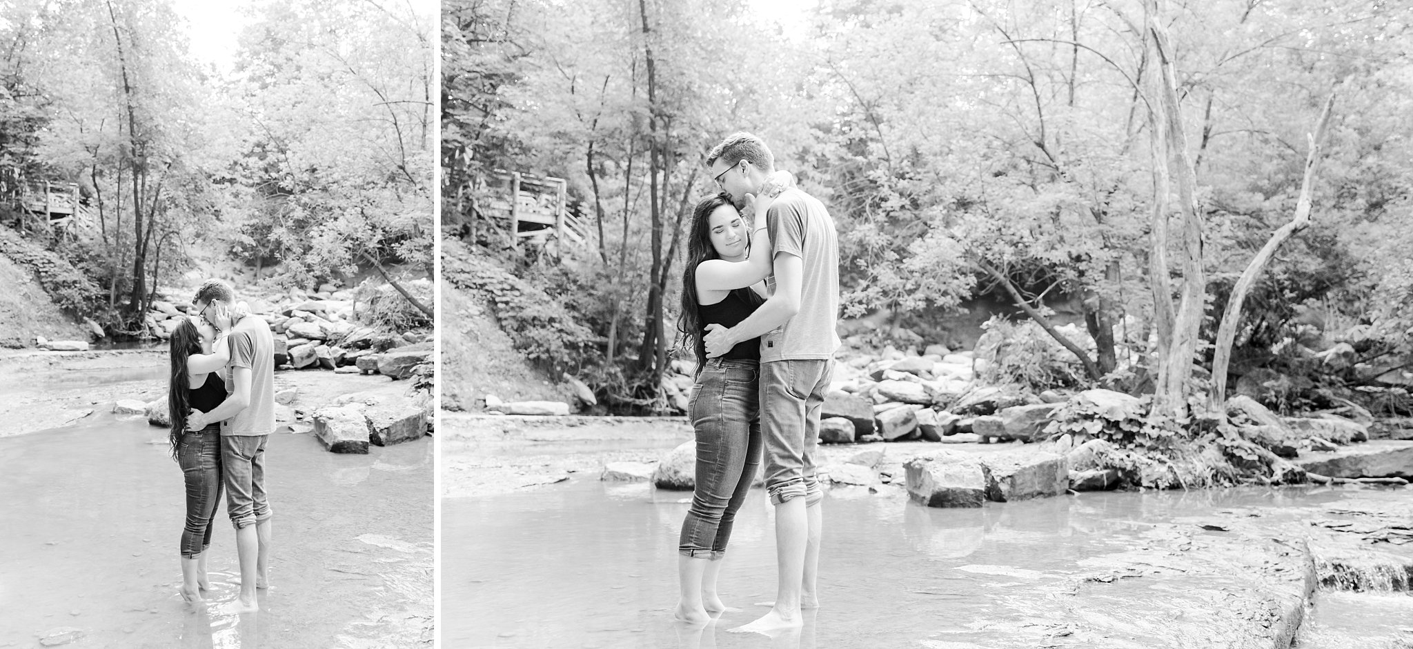 a couple stands in a pond at rock glen conservation area a couple kisses at rock glen conservation area during their engagement session by london ontario wedding photographer life is beautiful photography