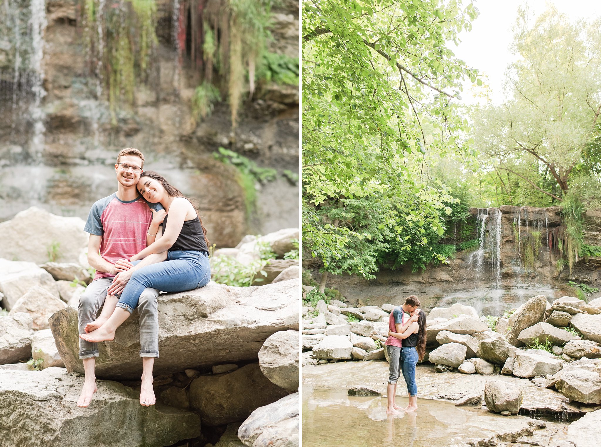 a couple sits on a rock in front of a waterfall at rock glen conservation area a couple kisses at rock glen conservation area during their engagement session by london ontario wedding photographer life is beautiful photography
