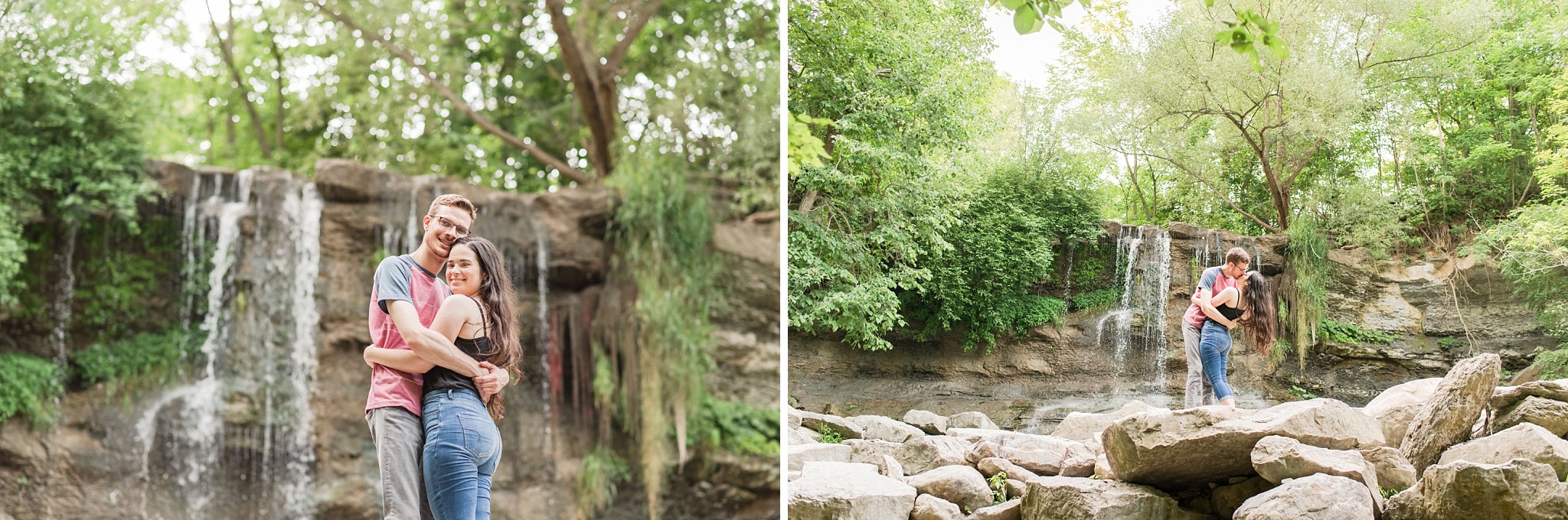 a man dips a woman back while kissing in front of a waterfall a couple kisses while standing in front of a waterfall at rock glen conservation area a couple kisses at rock glen conservation area during their engagement session by london ontario wedding photographer life is beautiful photography