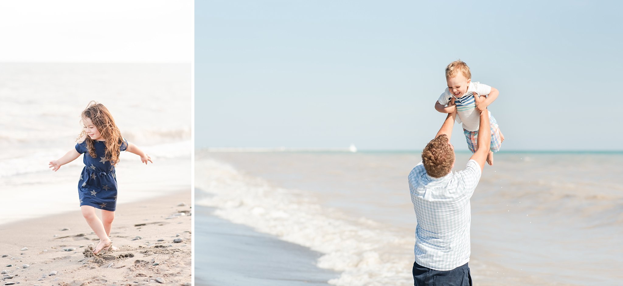 two photos. one - a little girl with long brown hair and a blue dress twirls in the sand with water in the background. two - a dad in a light blue shirt and dark blue shorts, lifts his son in the air. it's a sunny day, there are blue skies and waves in the background. family photography london ontario.
