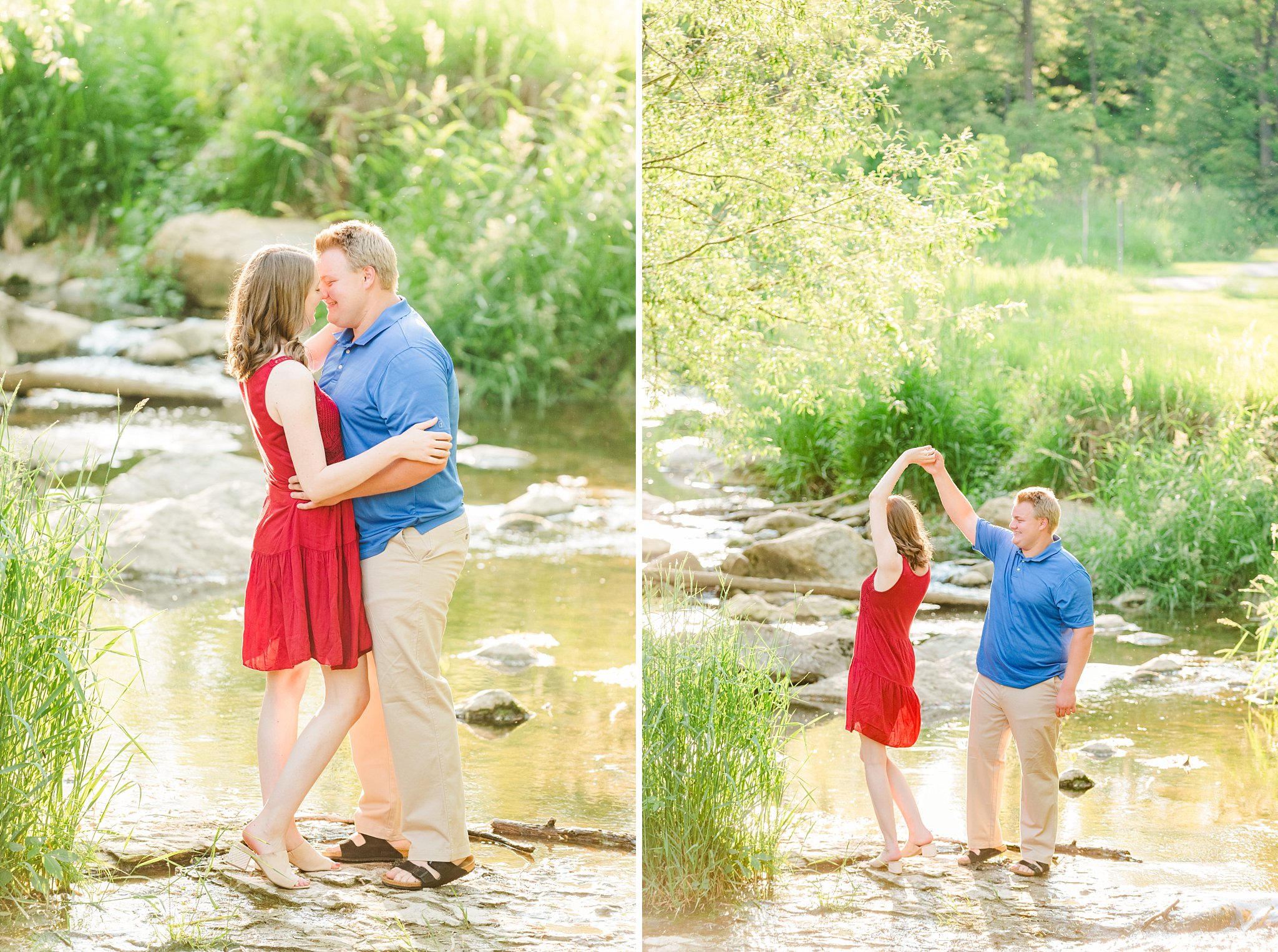 a couple kisses while standing on a rock in a creek with their arms wrapped around one another. wedding photographers in london ontario life is beautiful photography