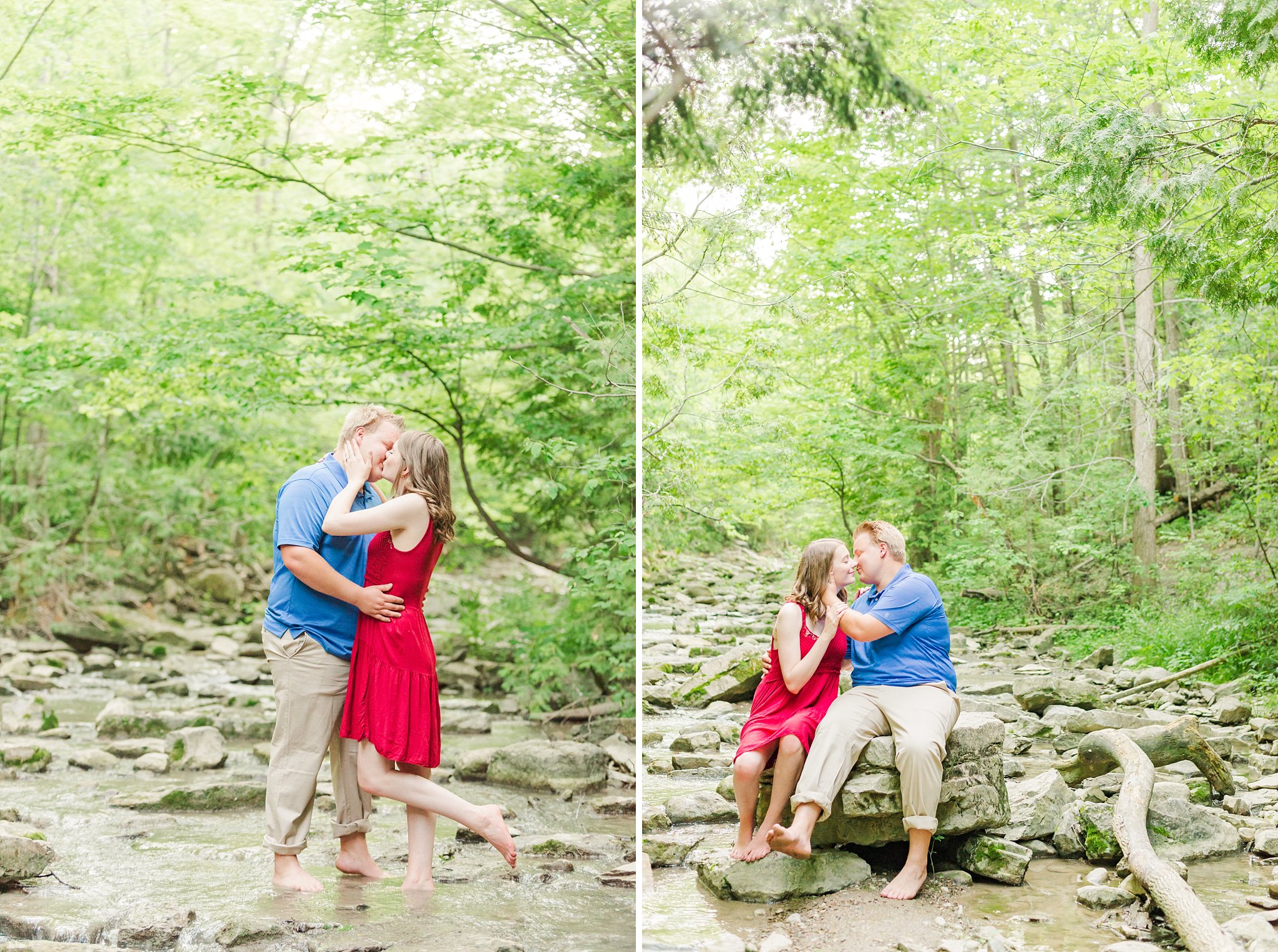 wedding photographers in london ontario. a couple kisses while standing in a creek, surrounded by water, rocks and trees. the man is wrapping his arms around his fiancé's waist, while she reaches up to touch his jaw and pops her left foot up out of the water