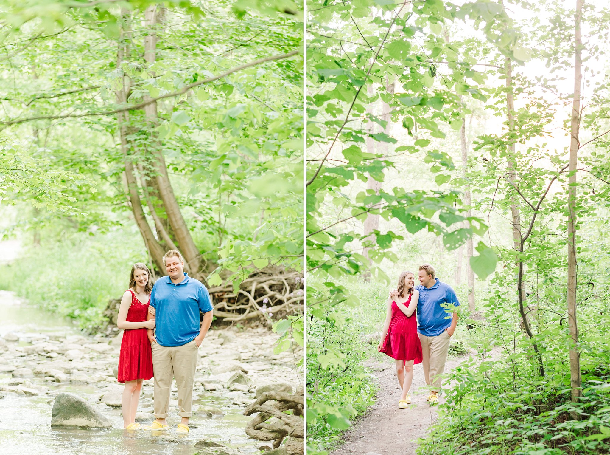 a couple walks down a path together, smiling and laughing with one another during their engagement session with wedding photographers in london ontario life is beautiful photography