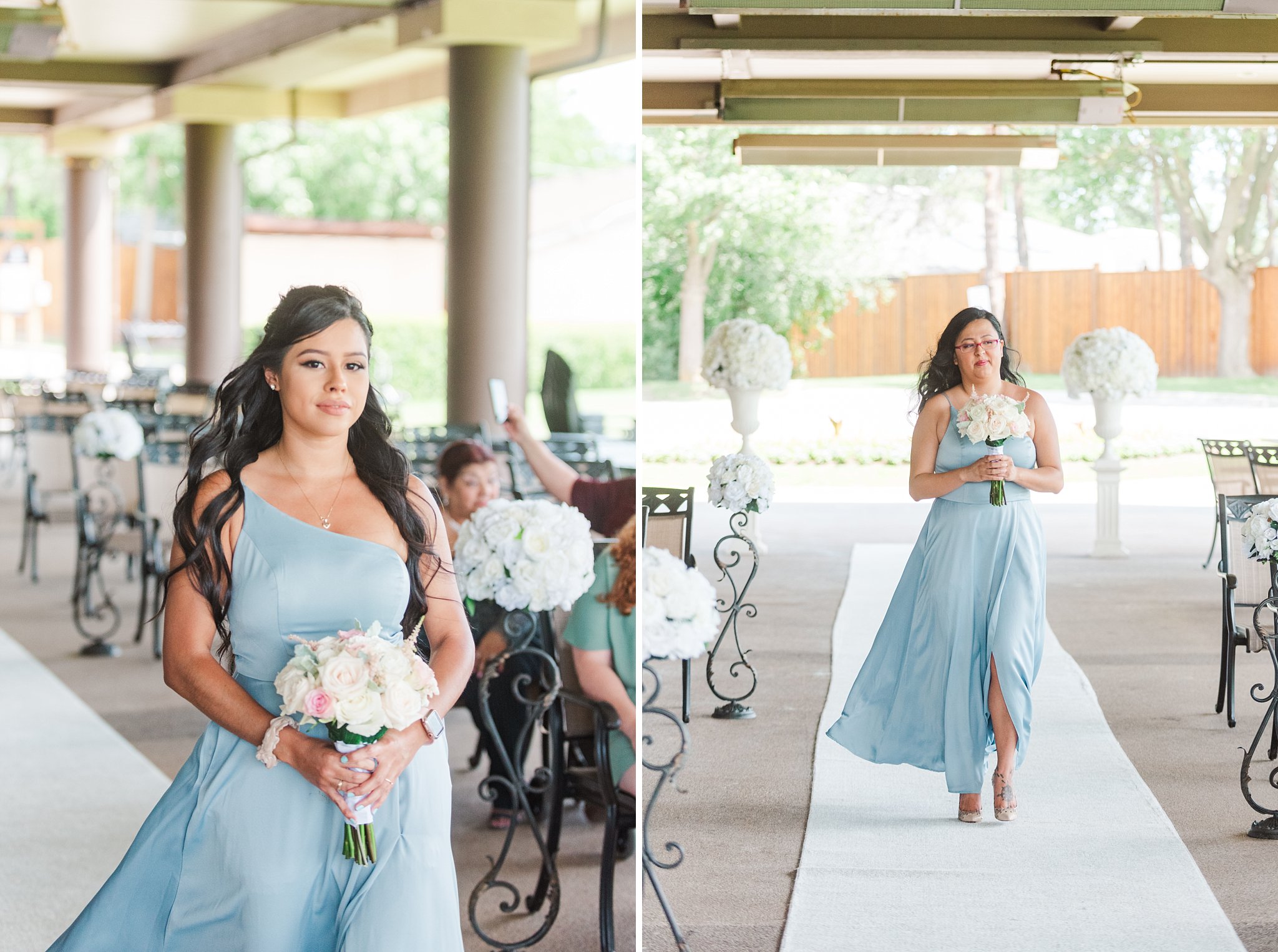 two bridesmaids walk down the aisle at a highland country club wedding