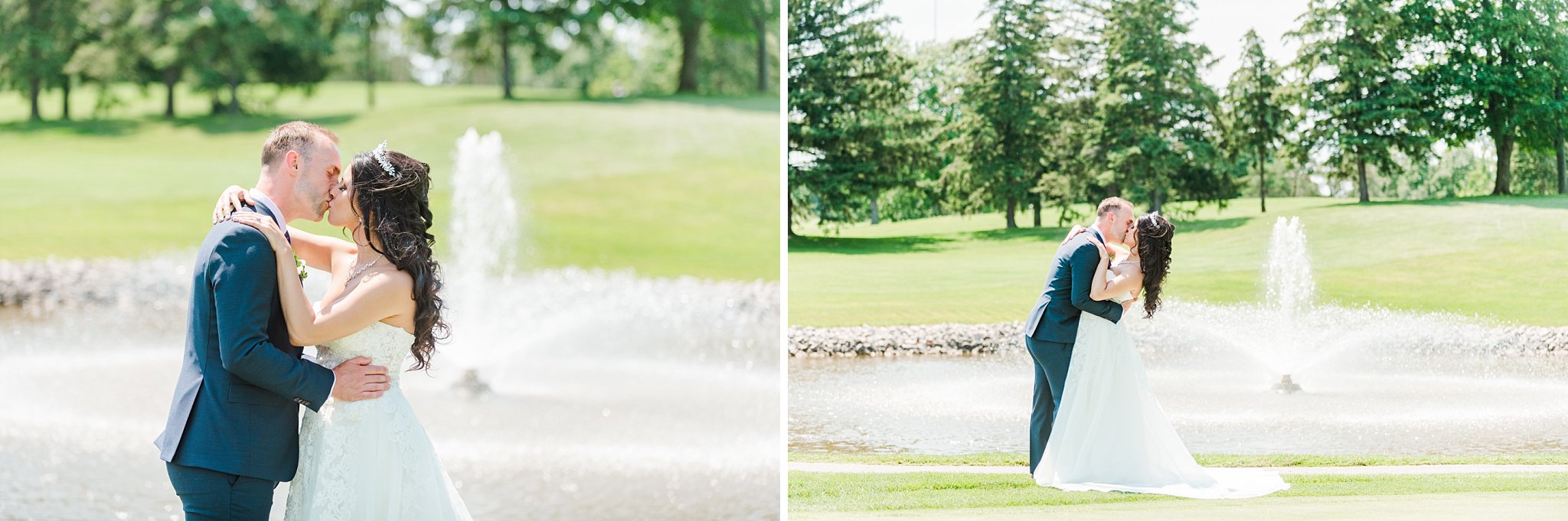 a bride and groom kiss in front of a fountain  kelowna wedding photographer