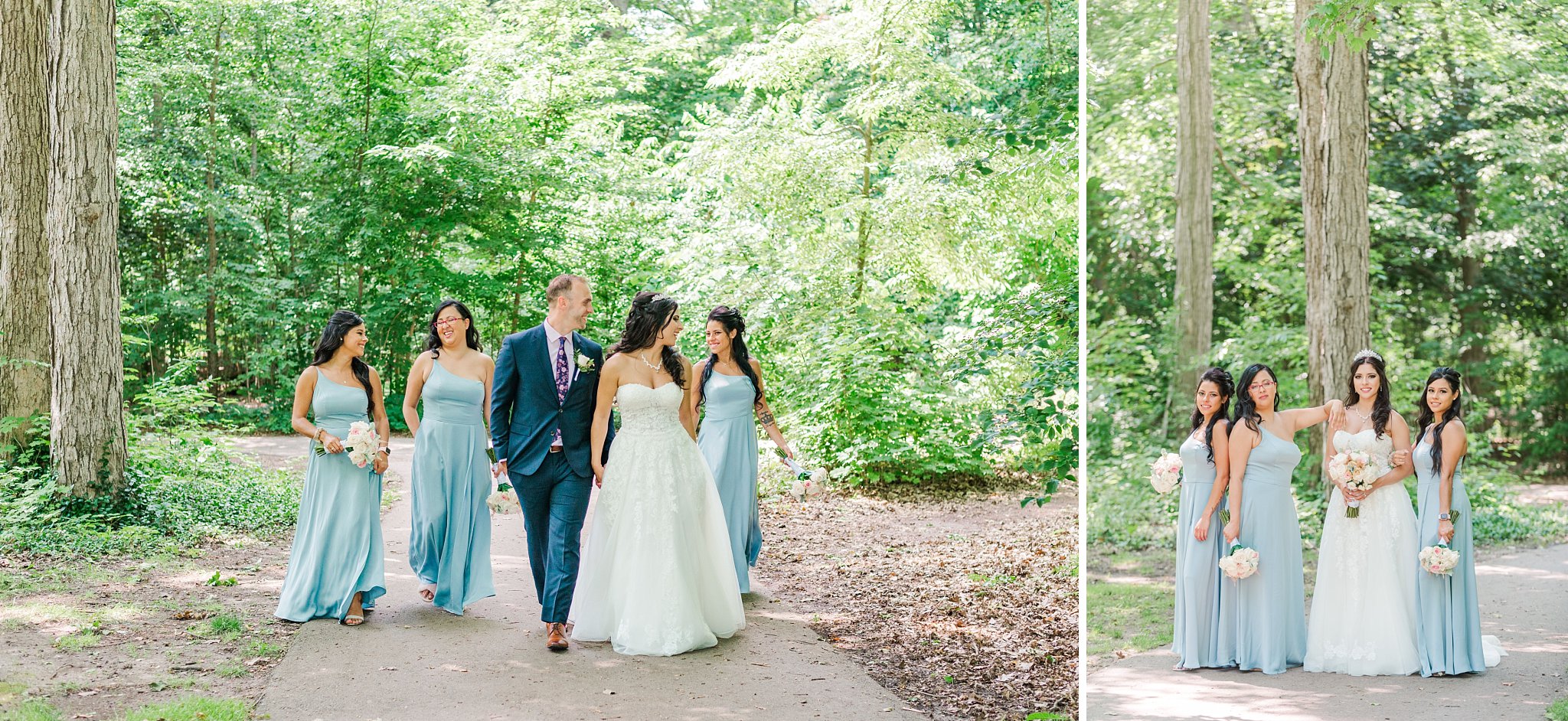 a wedding party laughs together as they walk down a path