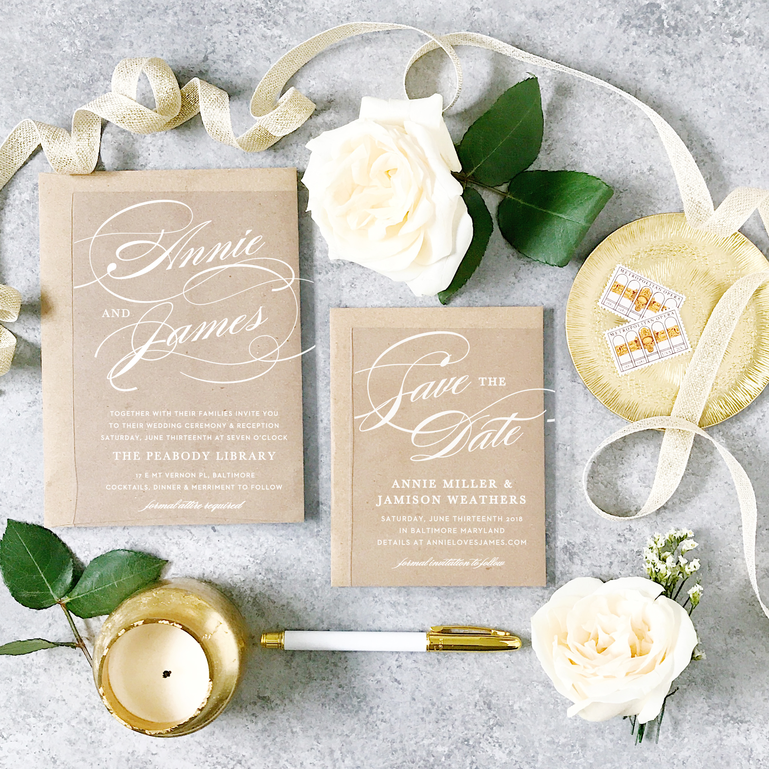 brown wedding invitations with white calligraphy surrounded by white roses. wedding invitations online basic invite
