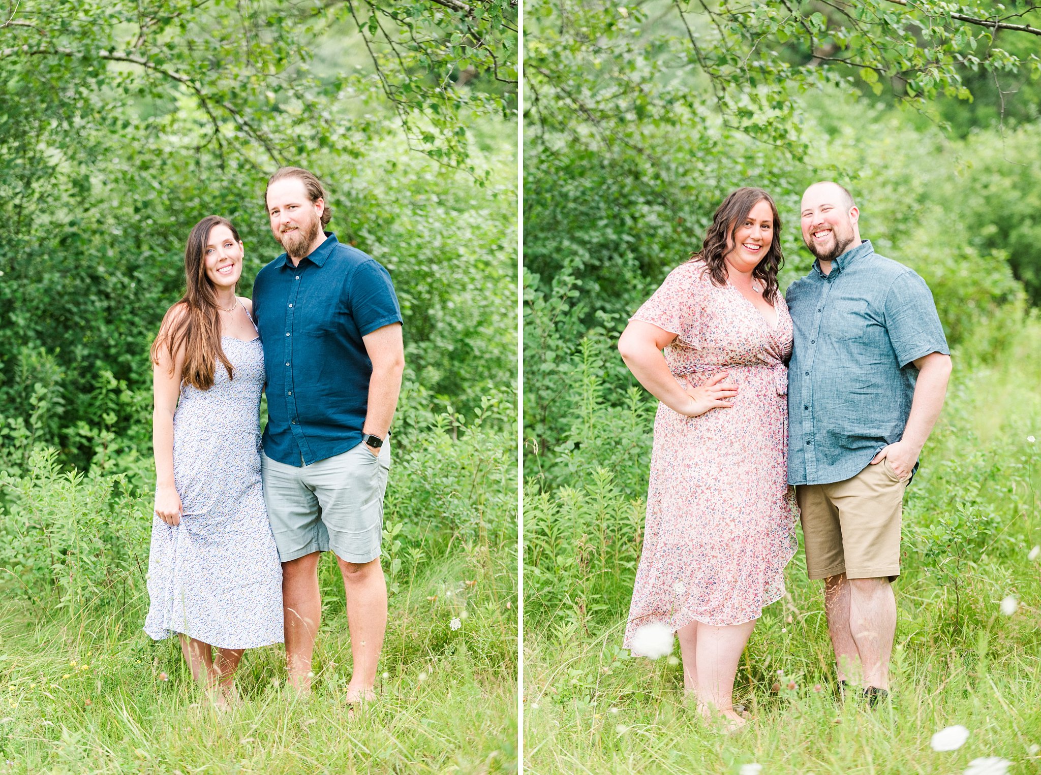 two couples stand together in front of tall grass