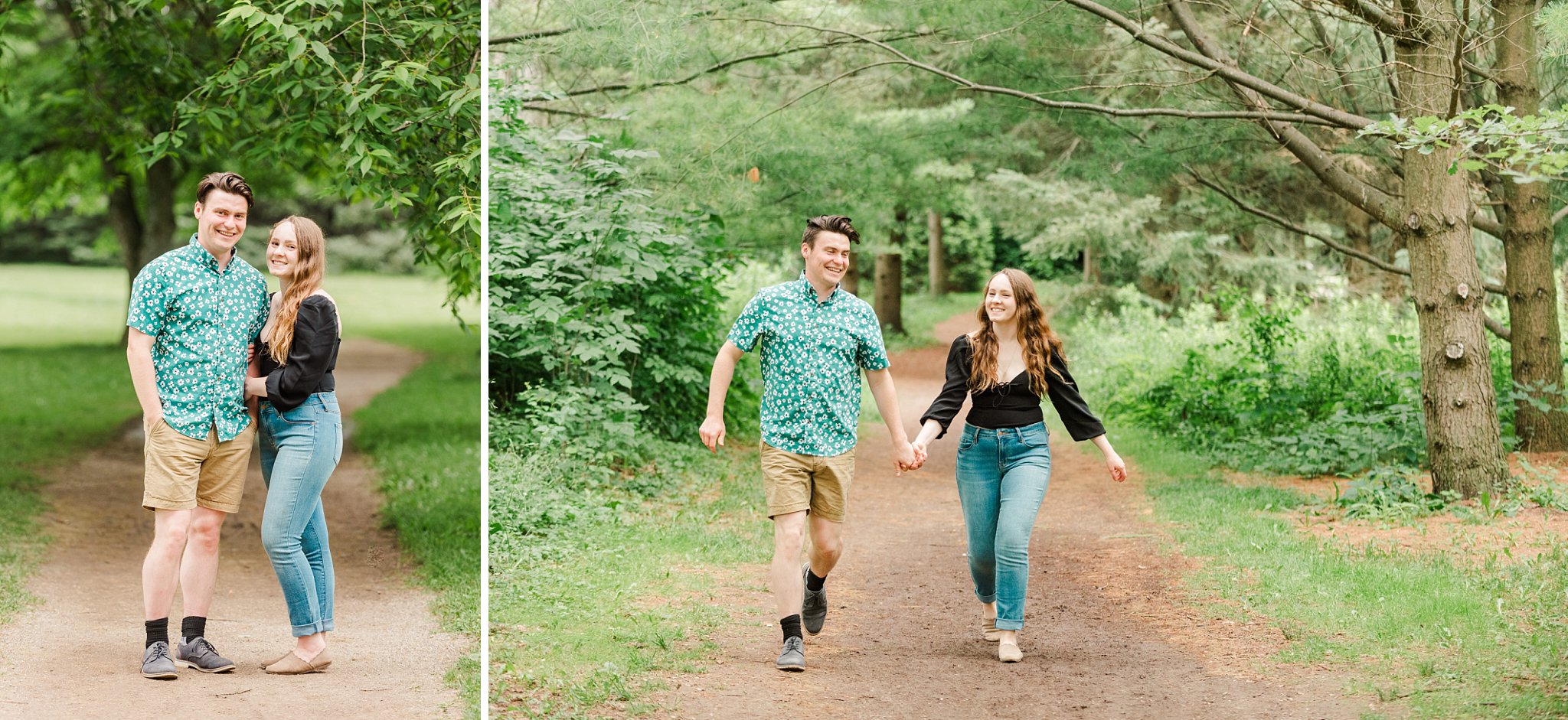 a couple runs together down a path at guelph arboretum during their engagement session