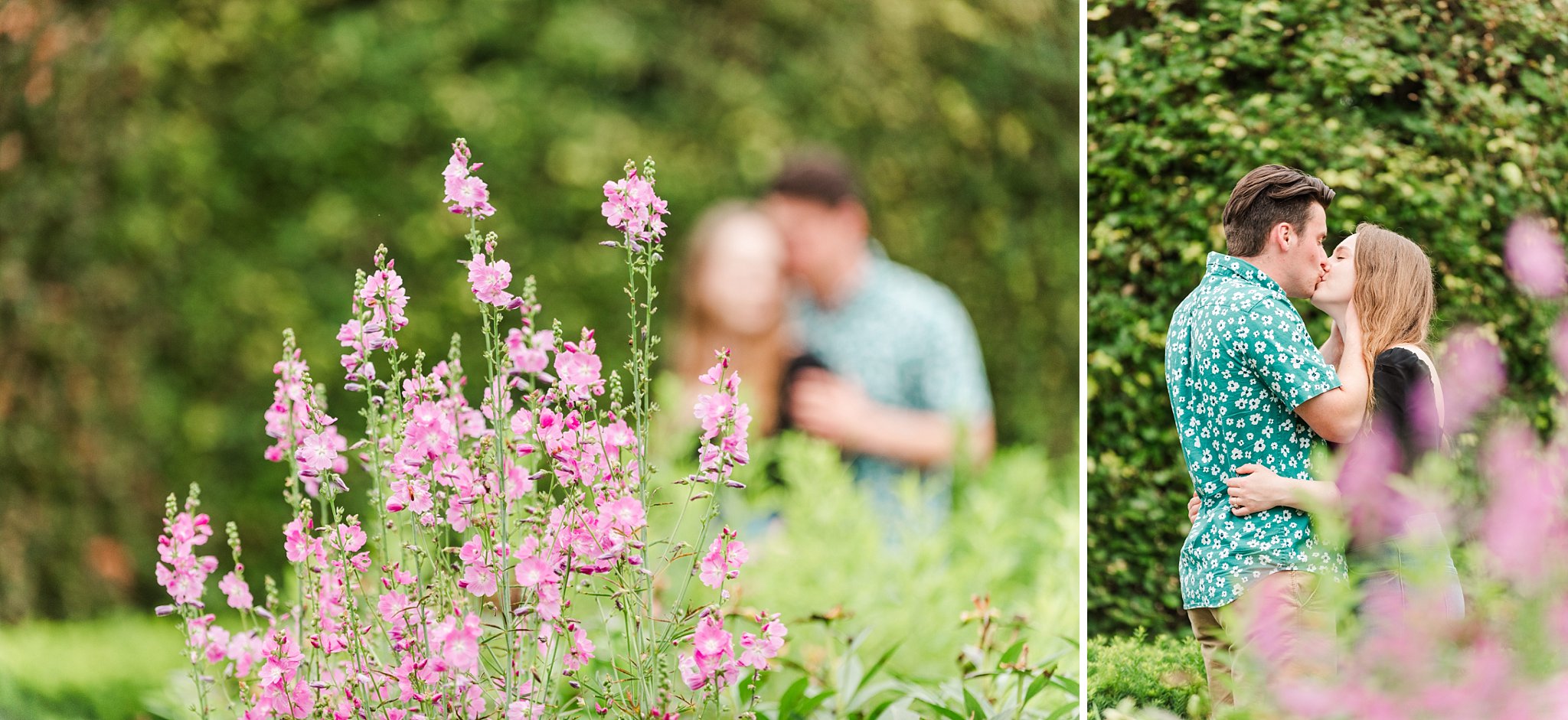 a man and woman kiss behind pink wild flowers