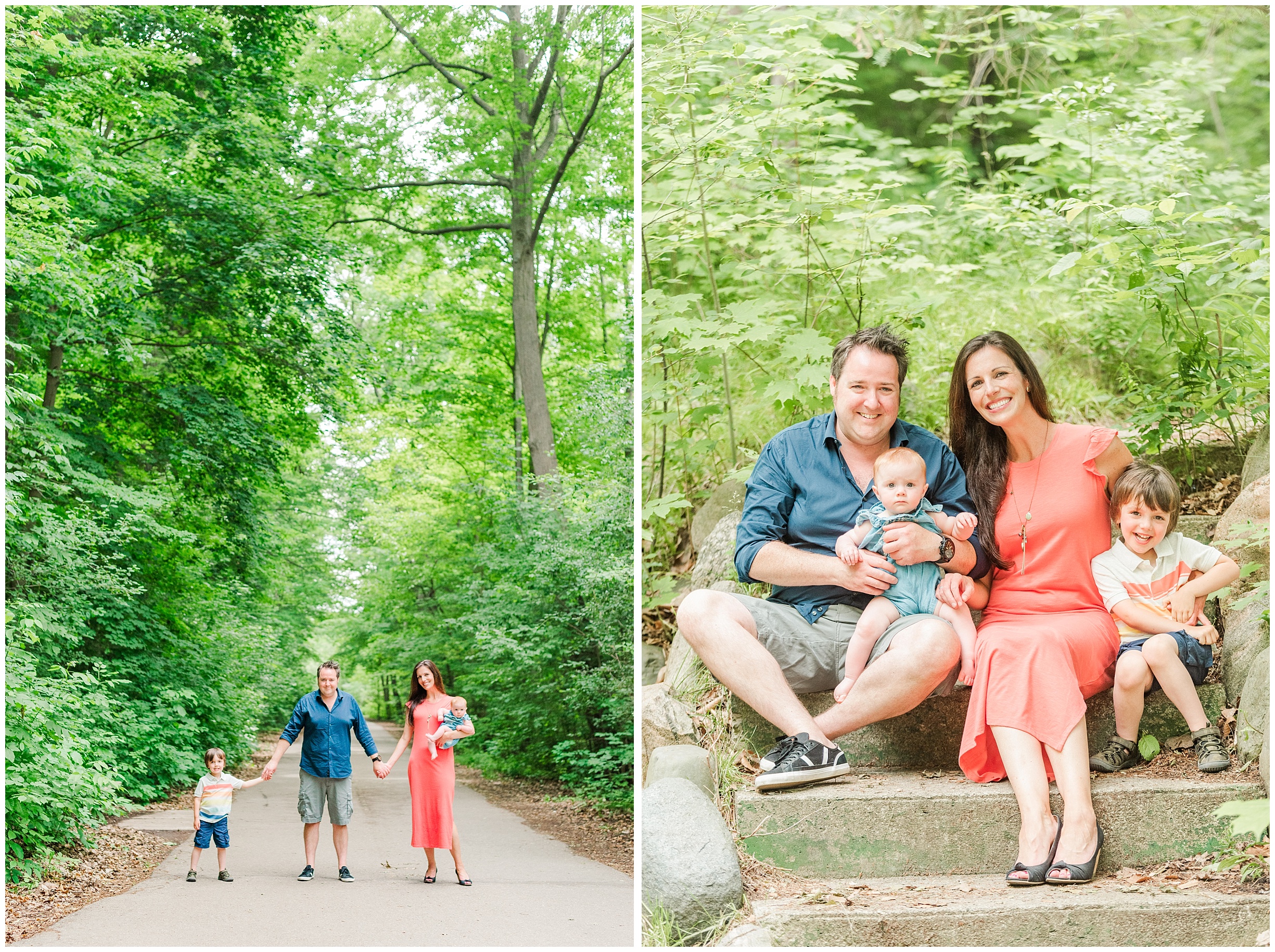 A family of four sits on cement steps in Springbank Park. Dad is holding his daughter on his lap, mom sits beside him, and their son sits on the far right. London Ontario Family Photographer