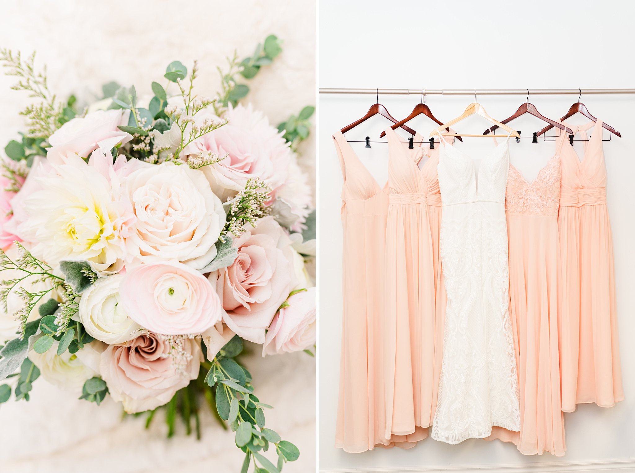 a bouquet of white and pink flowers; a wedding dress and four pink bridesmaid dresses hang from wooden hangers against a white wall at a caradoc sands wedding