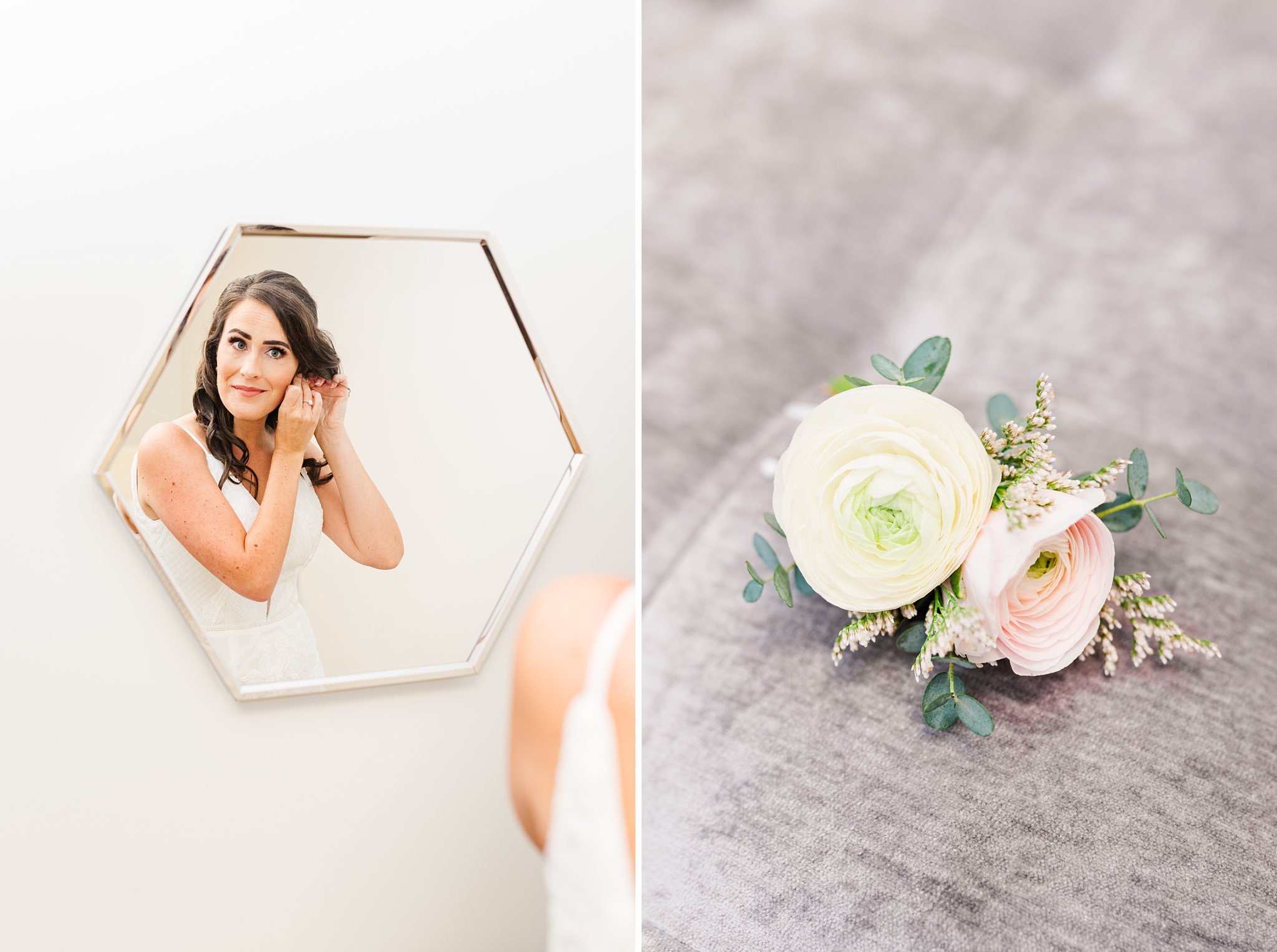 a bride puts an earring in while looking in a hexagon shaped mirror