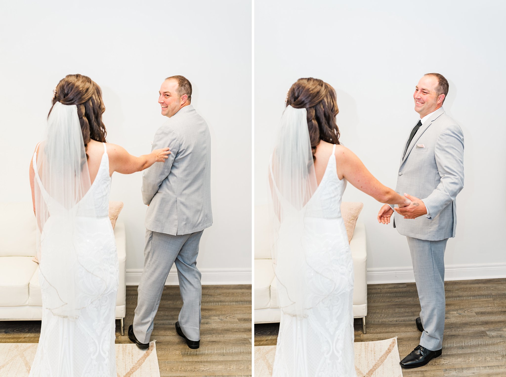 a bride and groom see one another for the first time at their caradoc sands wedding first look