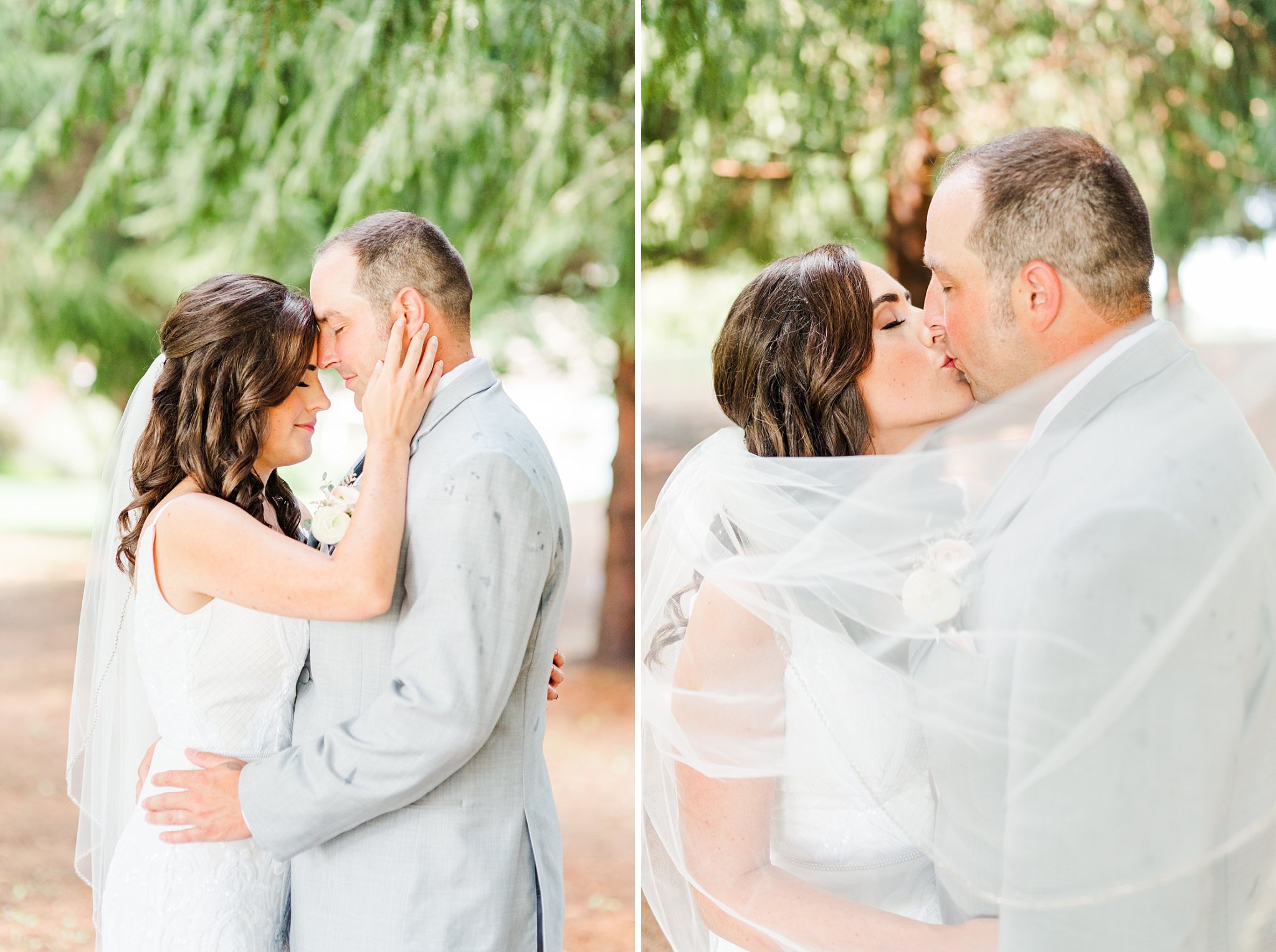 a bride and groom kiss underneath the bride's veil at their caradoc sands wedding