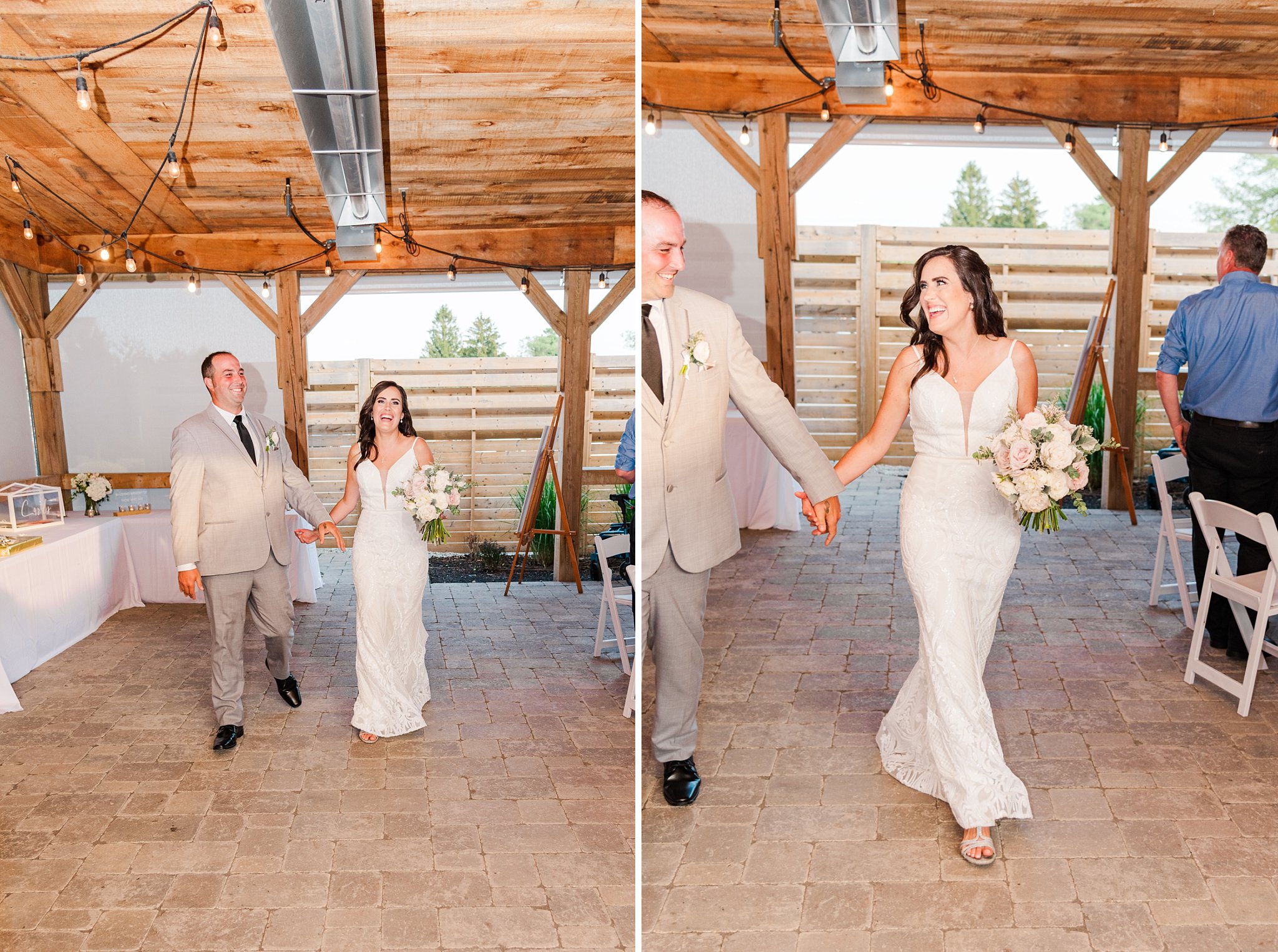 a bride and groom walk into their wedding reception at caradoc sands