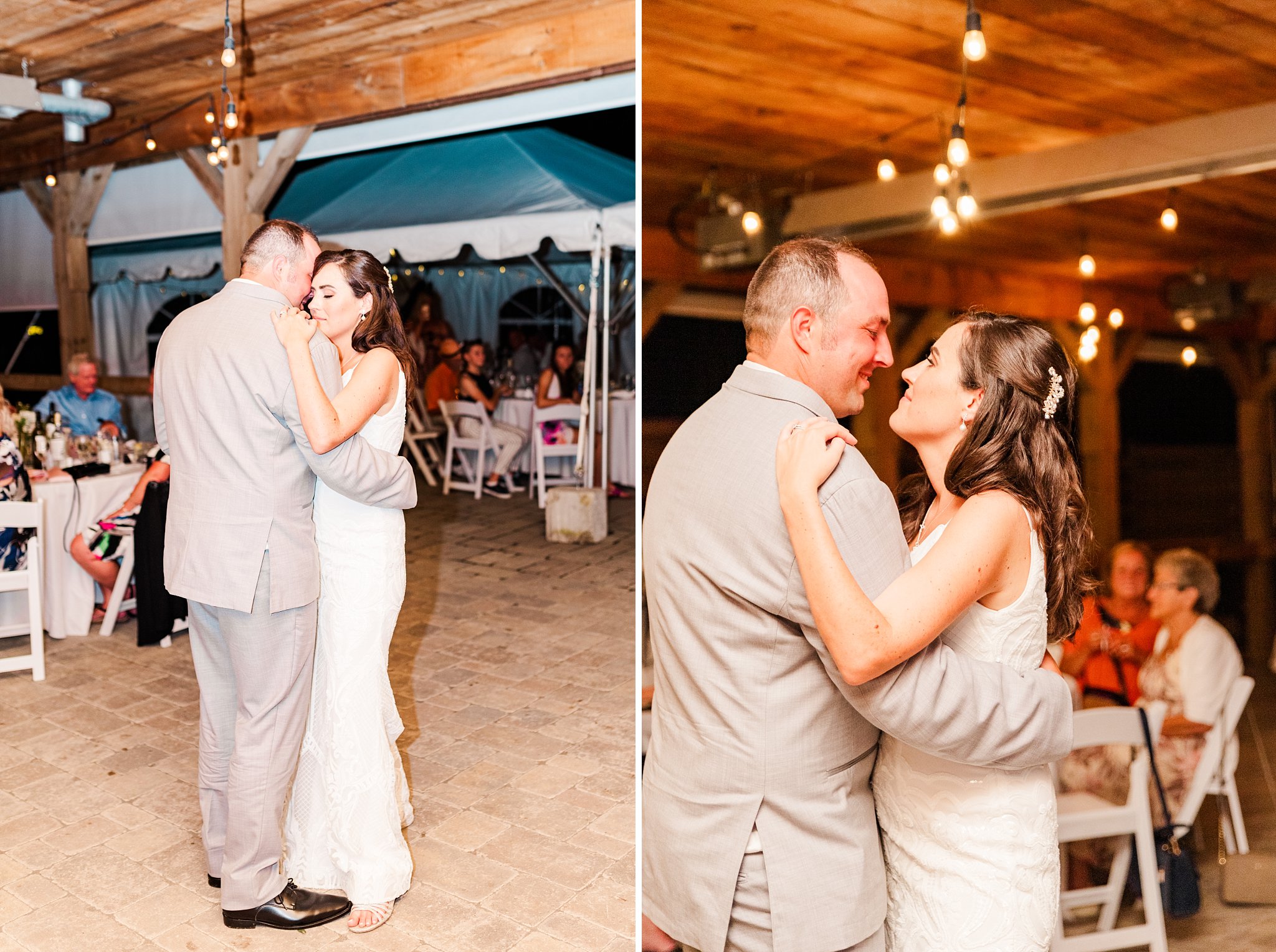 a bride and groom dance together for the first time as newlyweds at their caradoc sands wedding