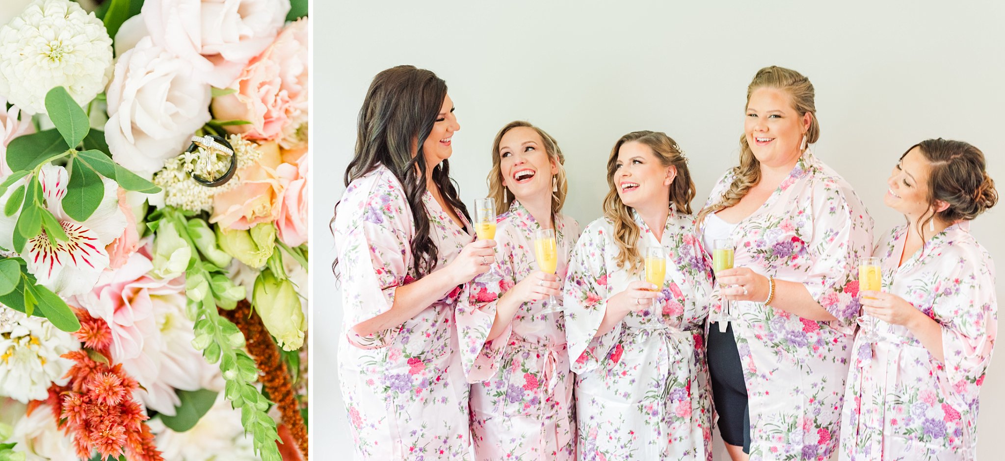 a group of 5 women laugh together while holding champagne and wearing matching pink robes