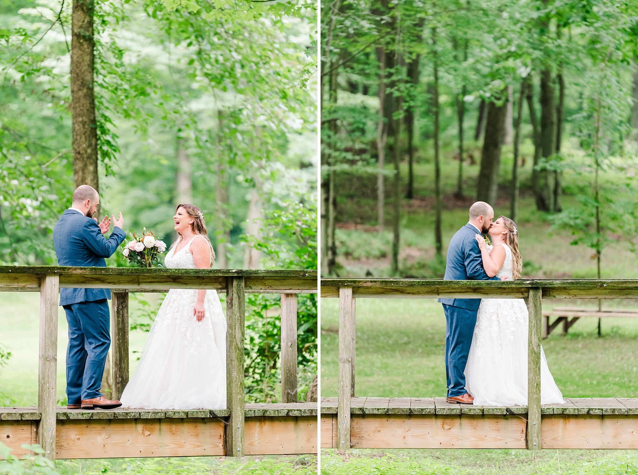 a bride and groom kiss on a wooden bridge during their first look at fernwood hills