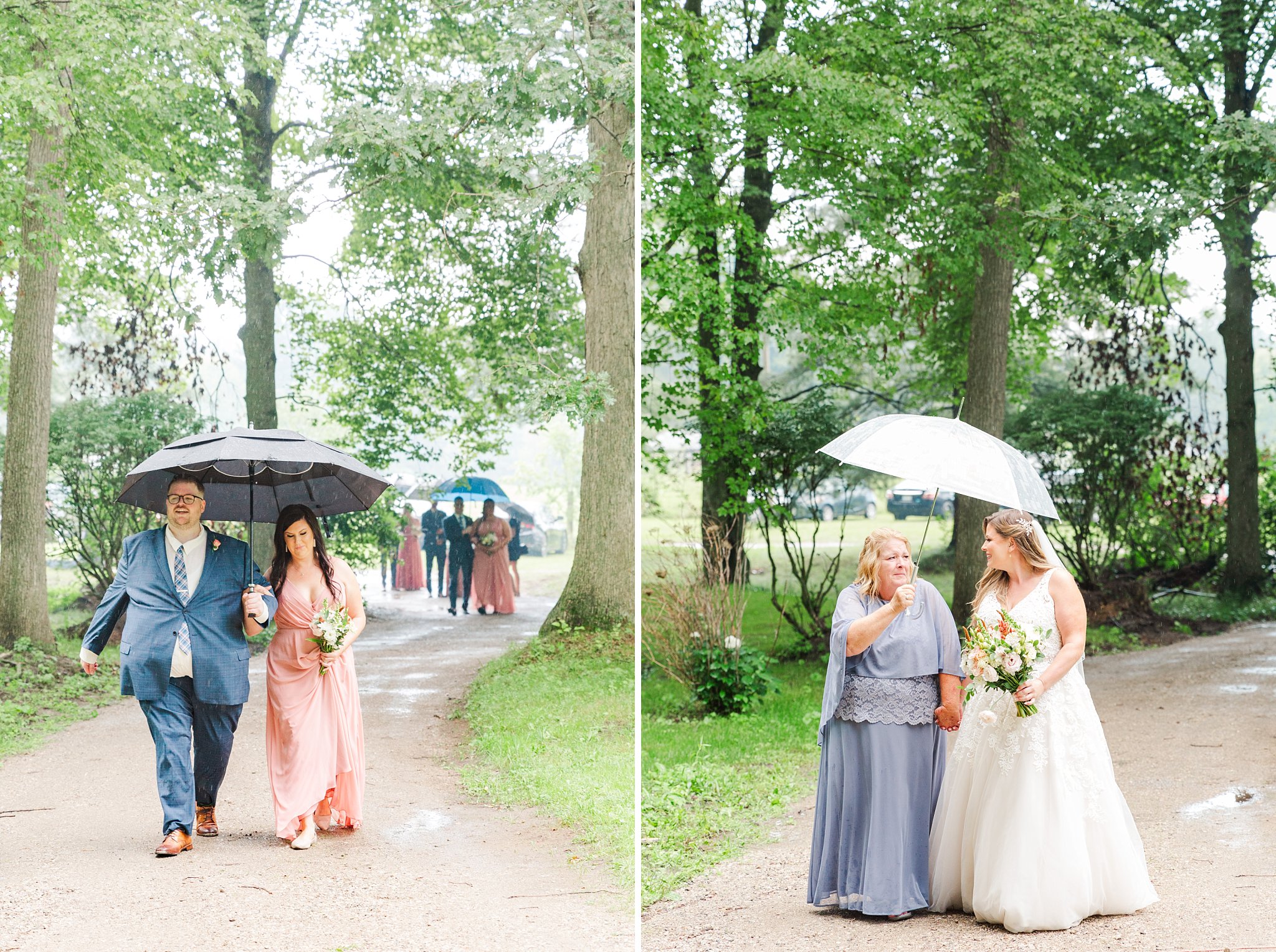 a bride walks down the aisle at fernwood hills with her mom, who is holding an umbrella above their heads
