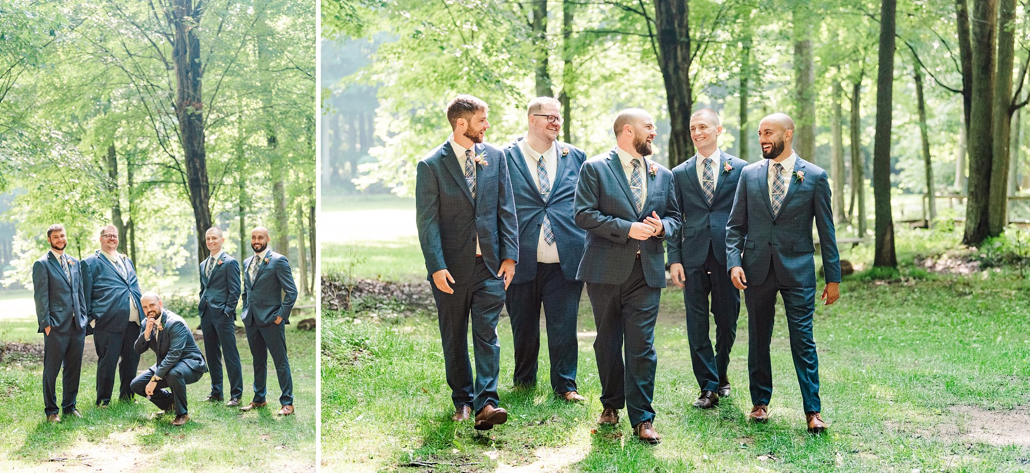 the groom and groomsmen laugh together while walking towards the camera at fernwood hills