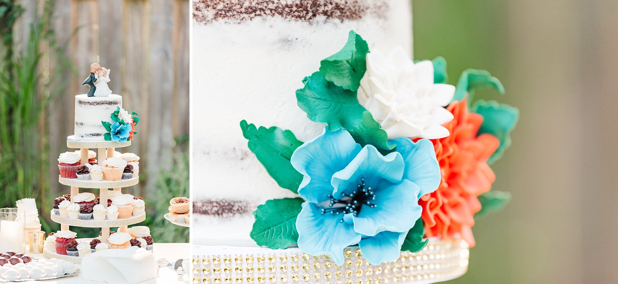 a white wedding cake with blue and orange flowers