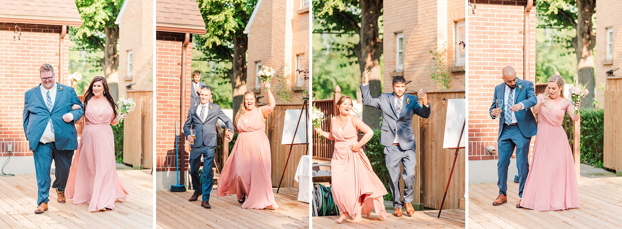 the wedding party dances across a wooden patio deck