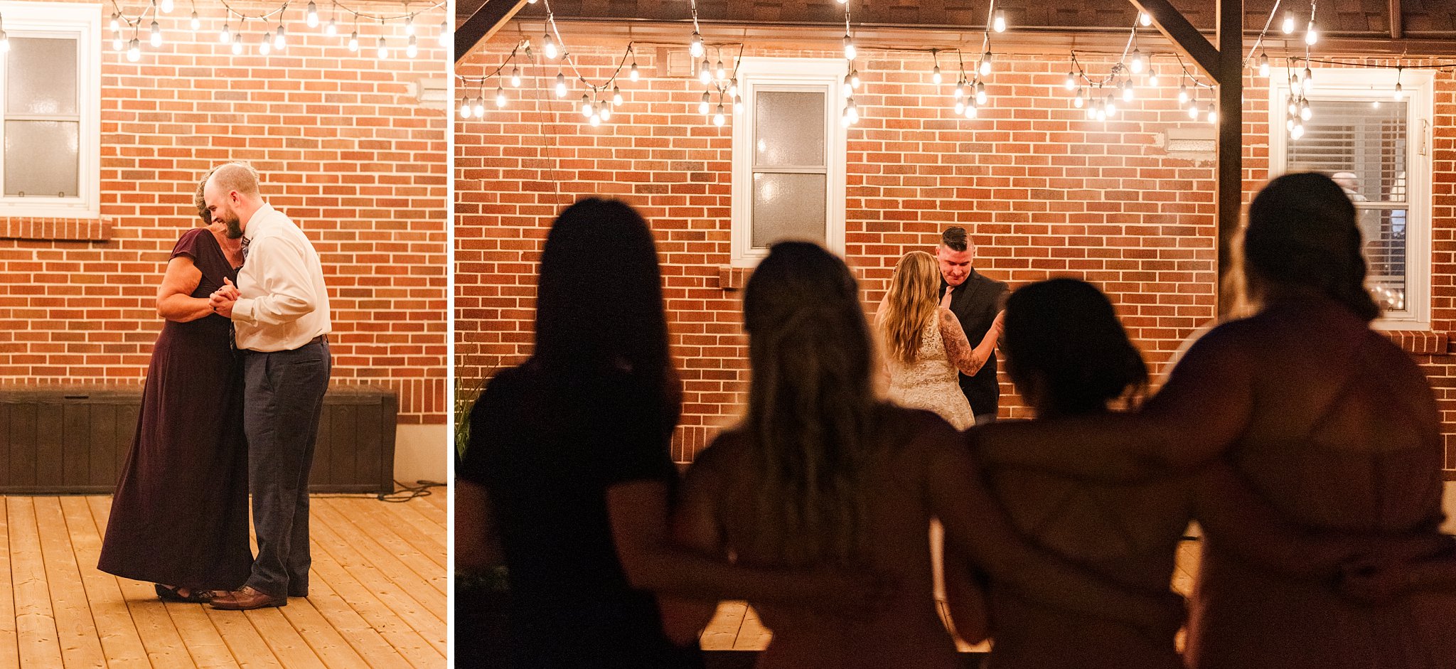 the bride dances with her brother while the bridesmaids watch from the foreground