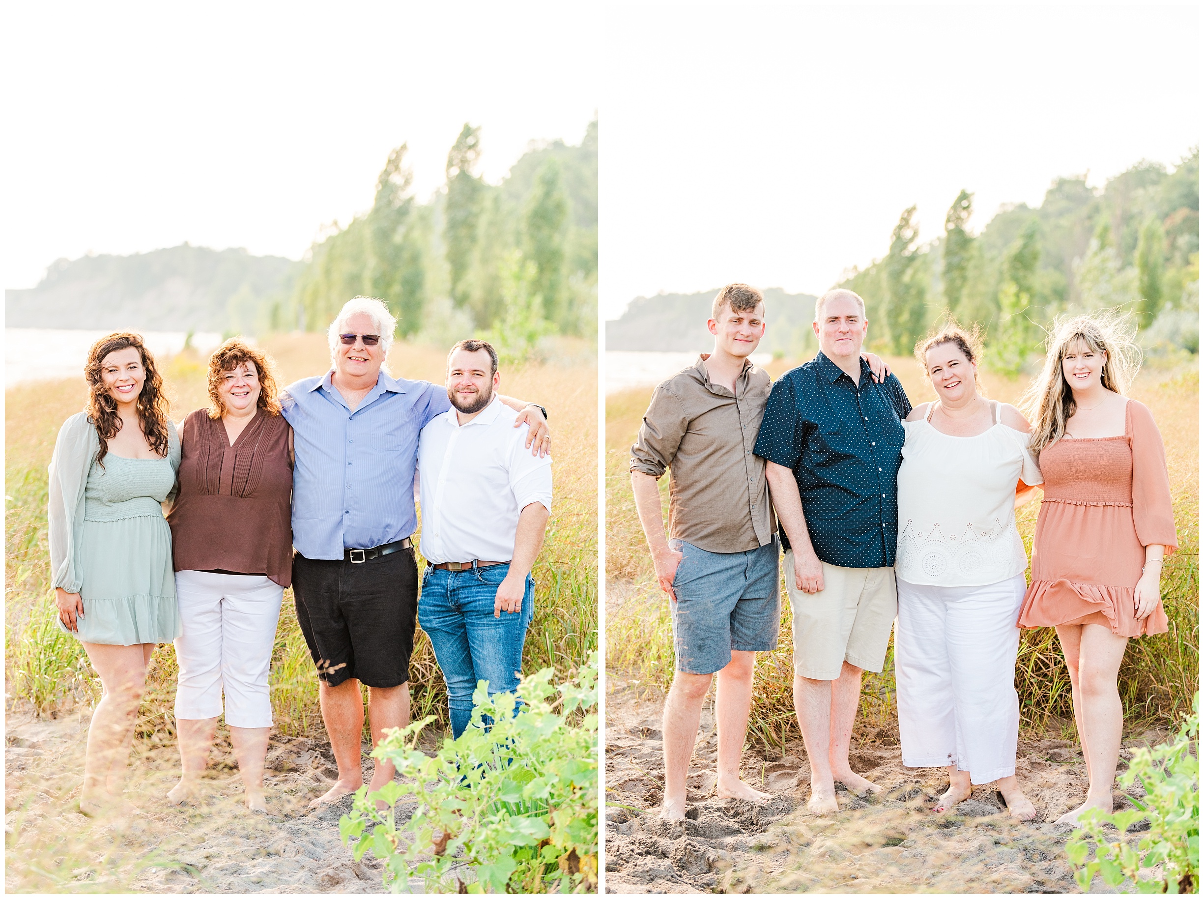 two photos side by side, each of a family of four standing together on a beach