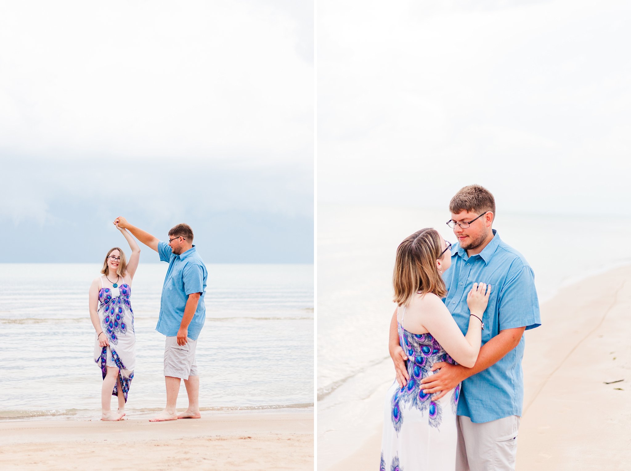 a man twirls his fiance above her head while standing on the beach