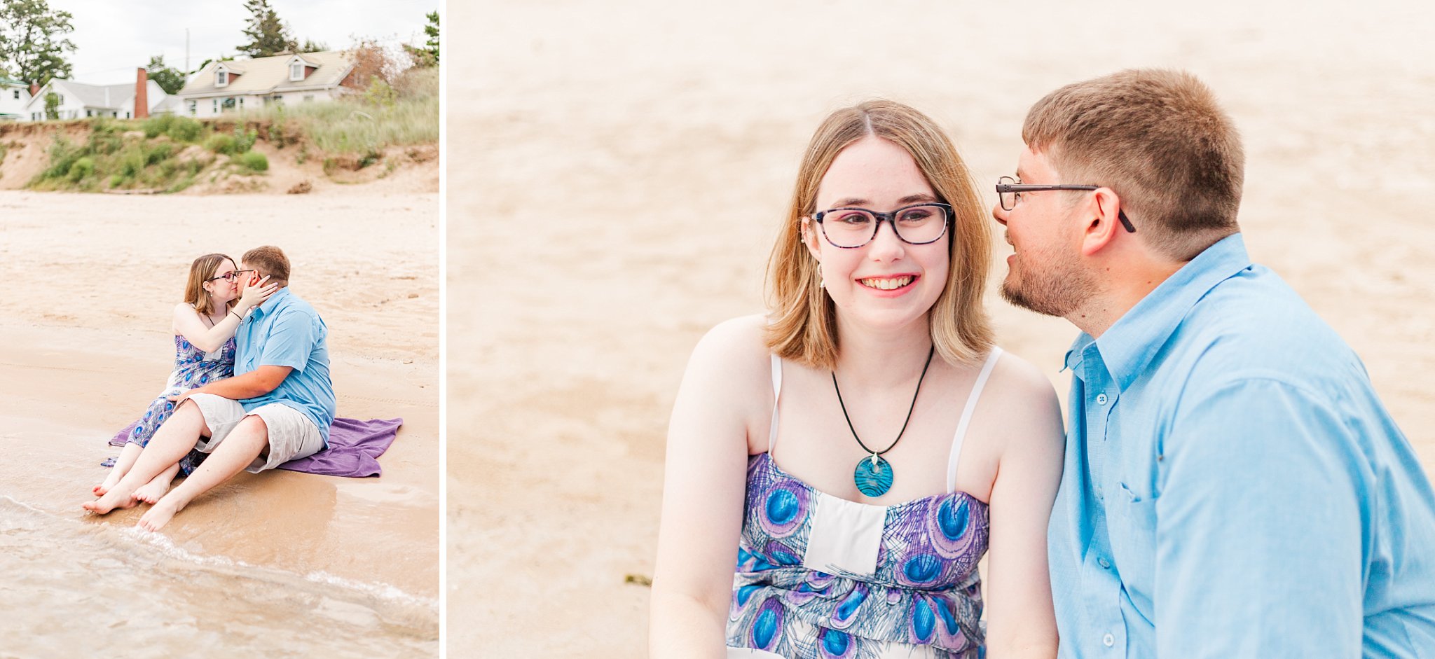 a couple sits together and leans in for a kiss on the beach