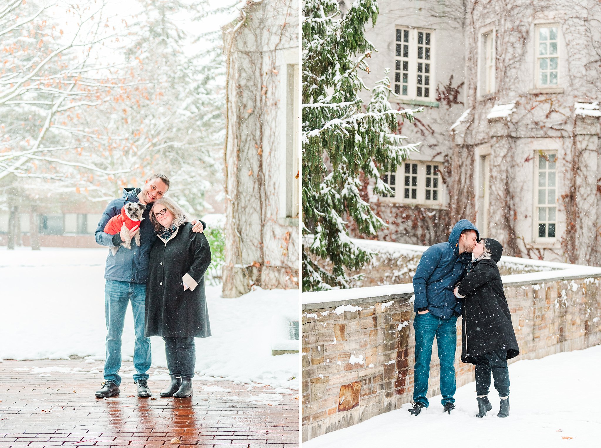 a couple kisses in the snow at london ontario weddings venue the old courthouse