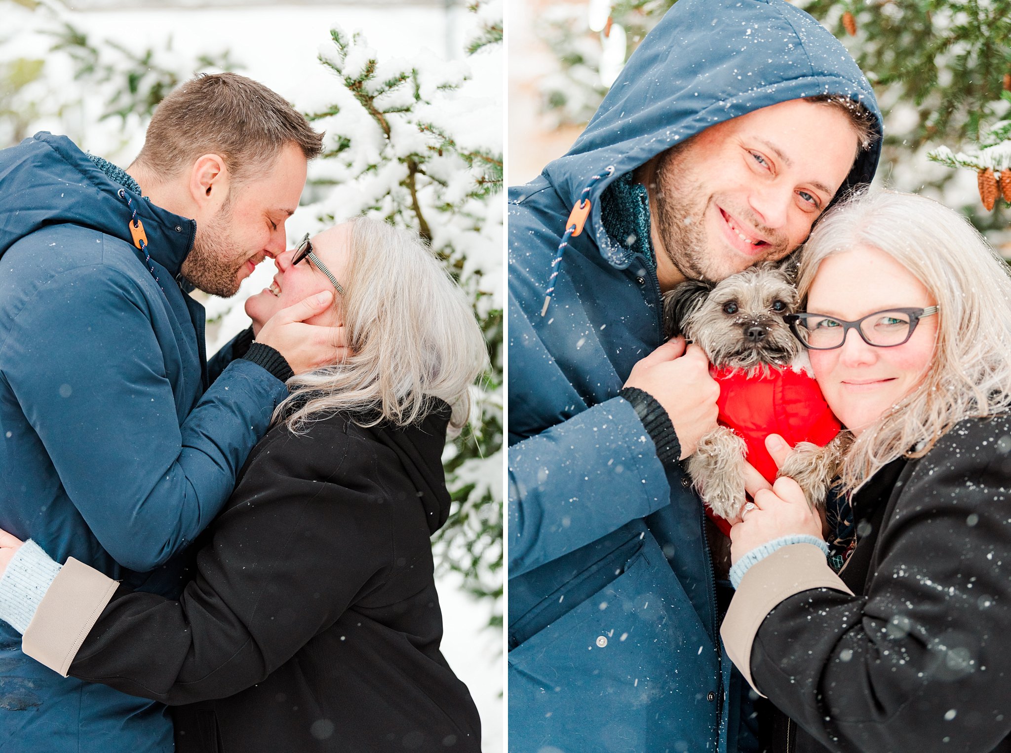 a couple kisses in front of a snowy tree in victoria park. london ontario weddings