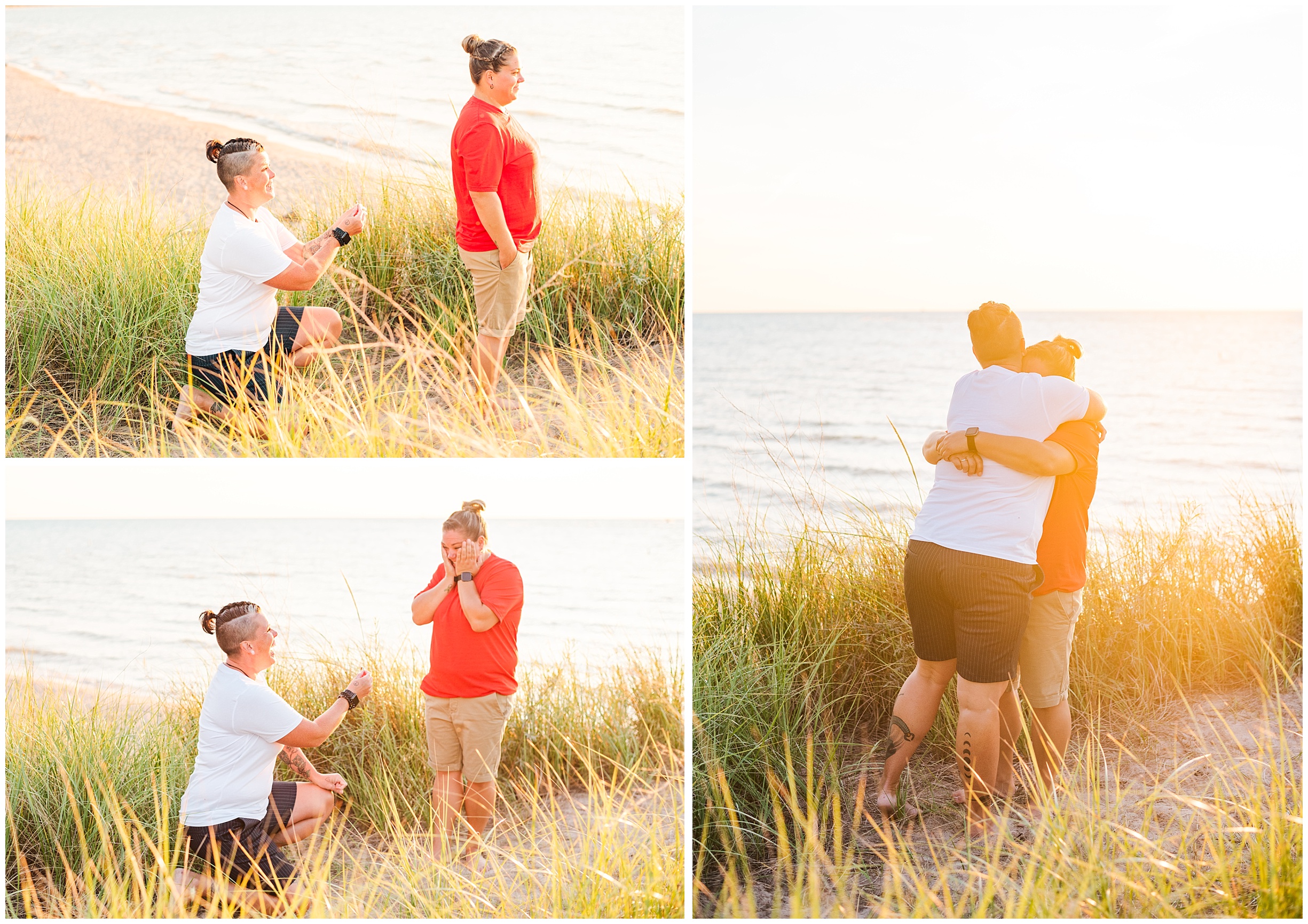 a woman proposes to her girlfriend on the beach at sunset by toronto wedding photographer