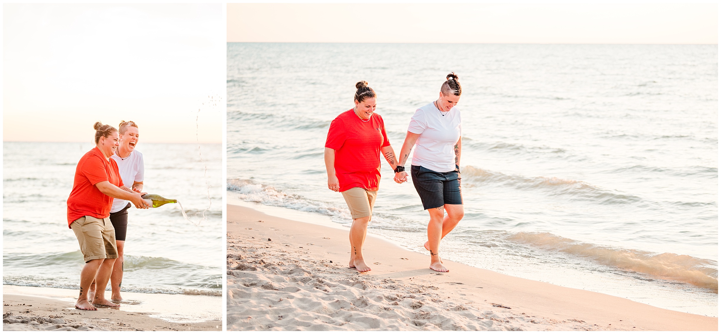 two women hold hands and walk down the beach together at sunset by toronto wedding photographer life is beautiful photography