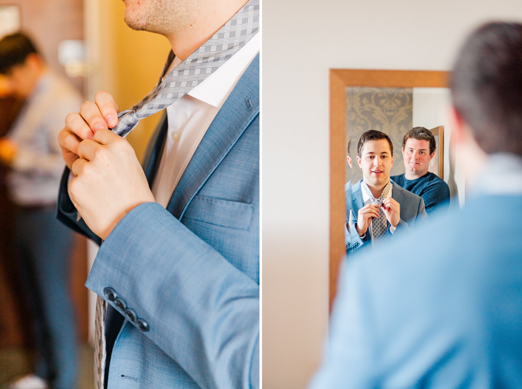 a man adjusts his tie in the mirror at the elm hurst inn