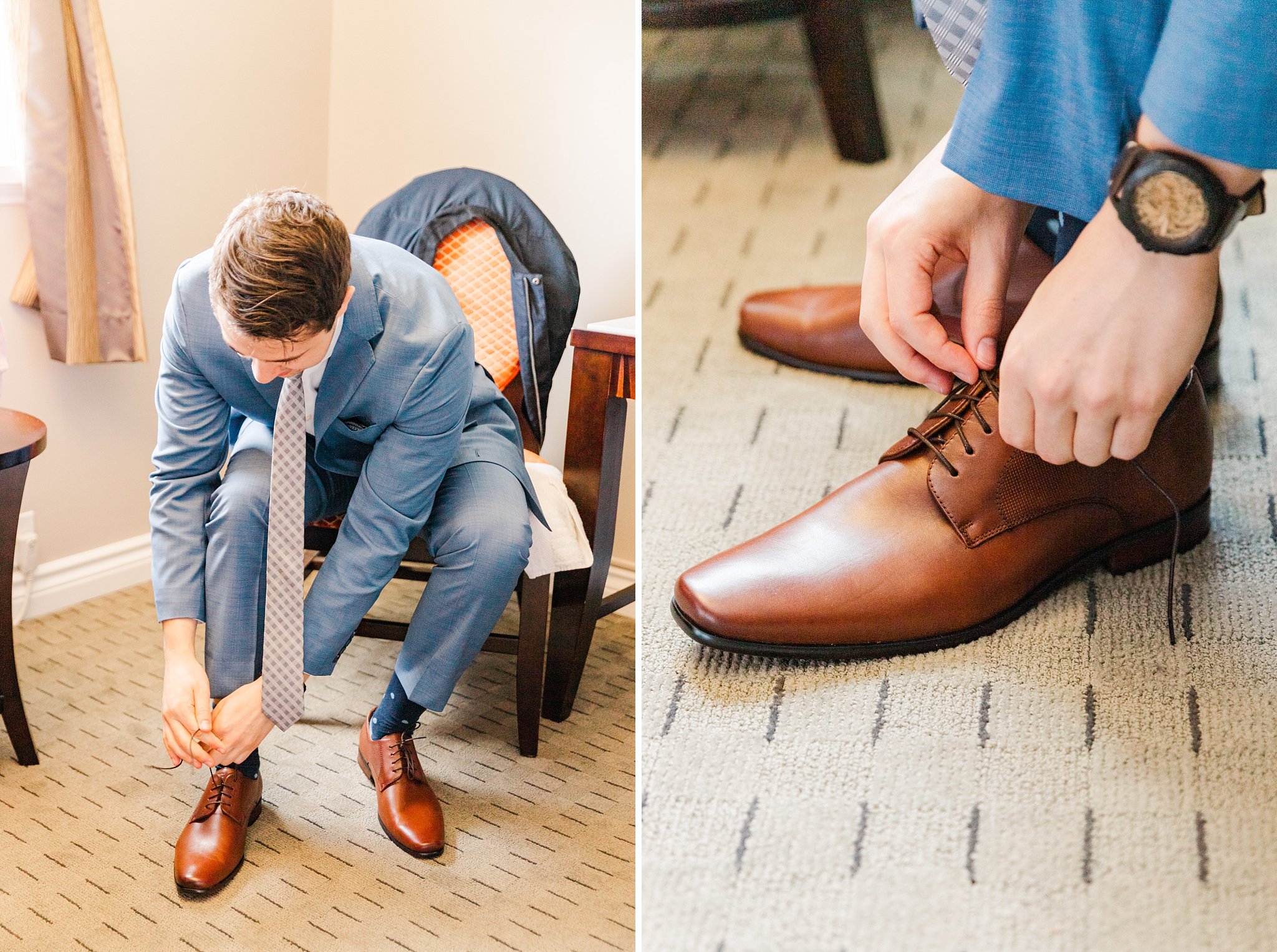 a man ties his shoes
