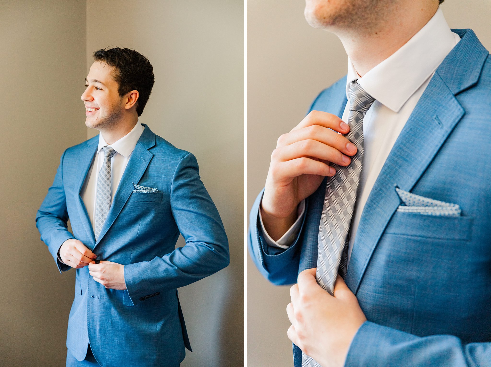 a groom adjusts his tie