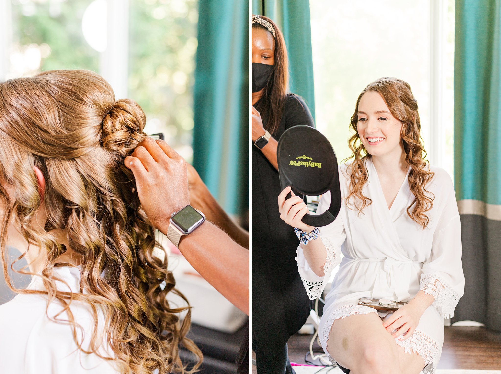 a bride gets her hair done for her elm hurst inn wedding