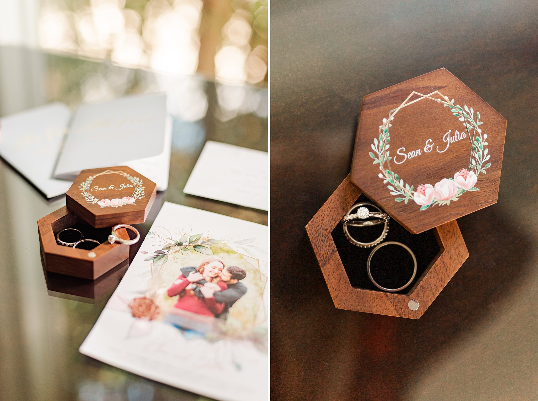 wedding bands in a wooden ring box