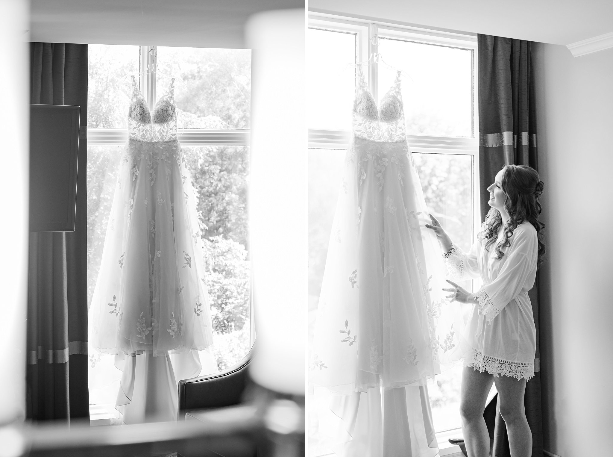 a bride looks at her wedding dress hanging in the window of the elm hurst inn