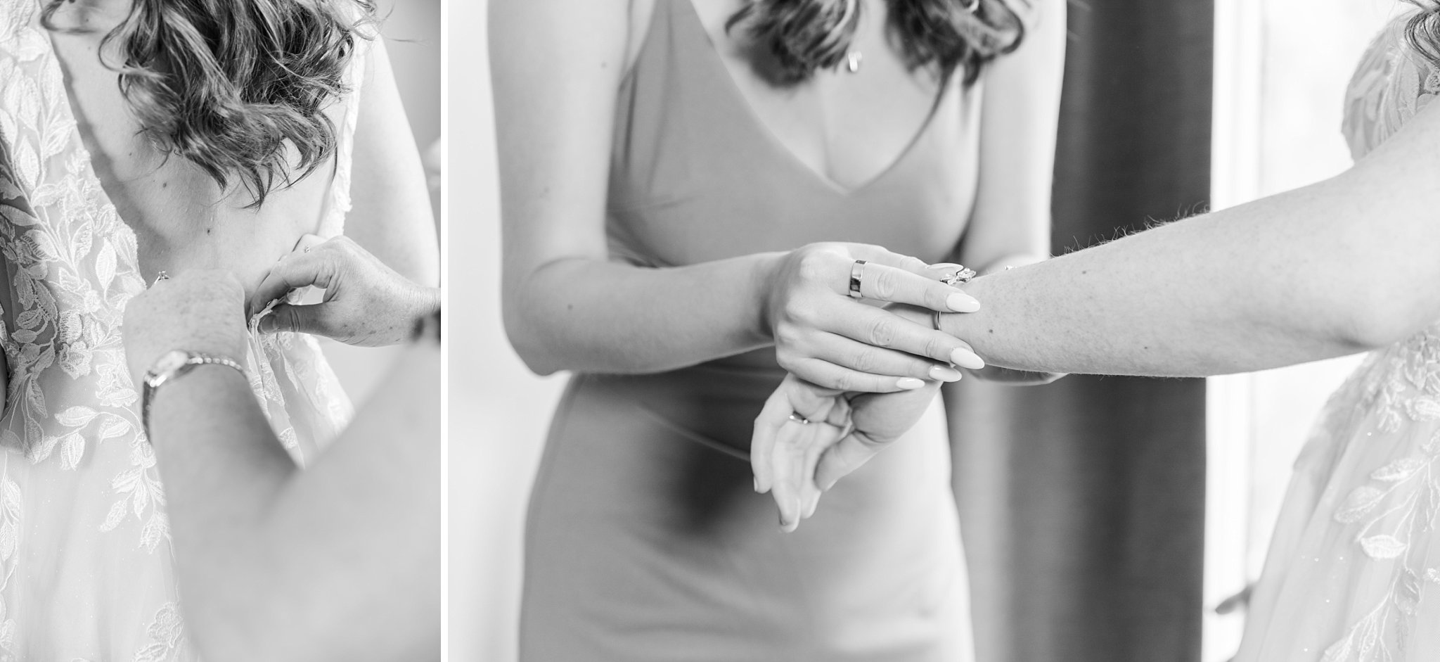 a bridesmaid ties up a bride's wedding dress