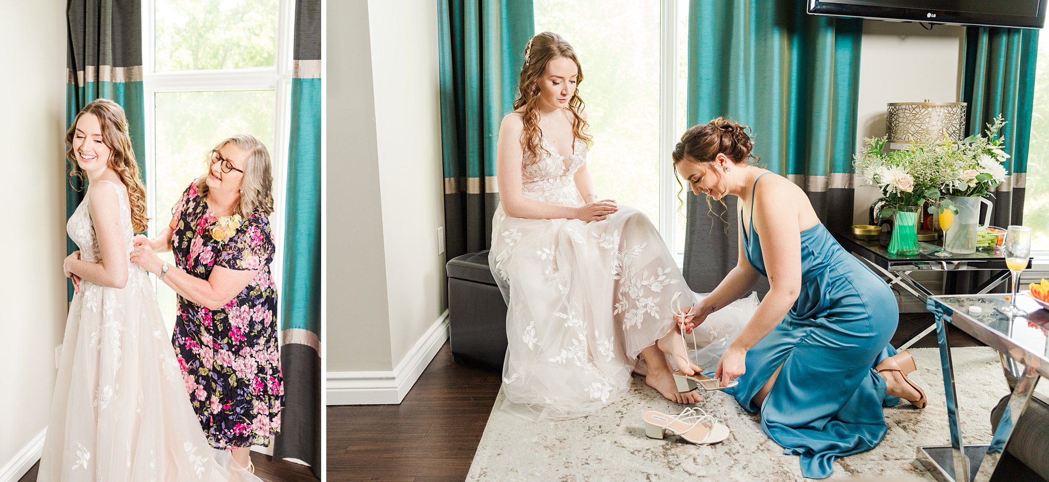 a bridesmaid helps a bride with her shoes