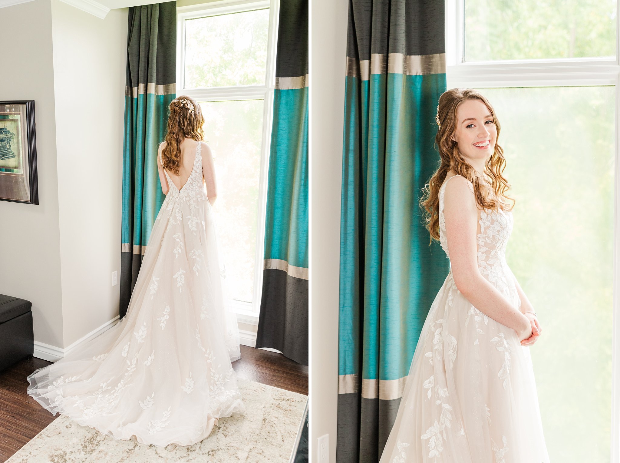 a bride stands looking out the window at the elm hurst inn
