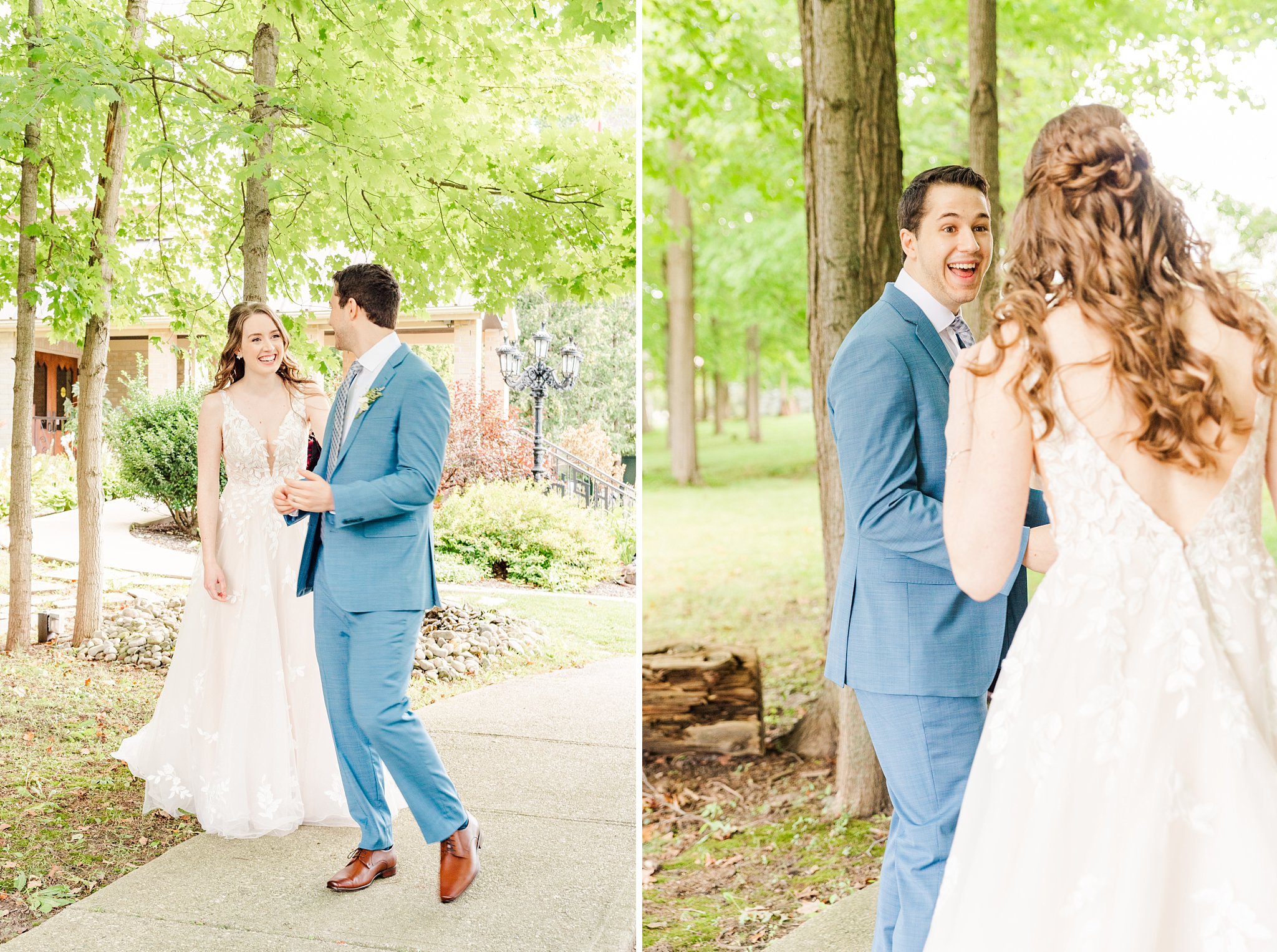 a bride and groom see each other for the first time at their elm hurst inn wedding